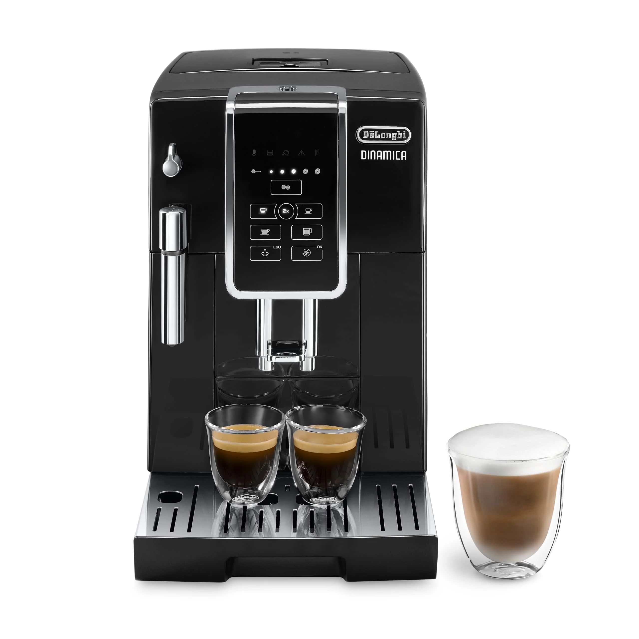 De'Longhi Dinamica ECAM 350.15.B Kaffeevollautomat mit Milchaufschäumdüse für Cappuccino, mit Espresso und Kaffee Direktwahltasten und Digitaldisplay mit Klartext, 2-Tassen-Funktion, Schwarz