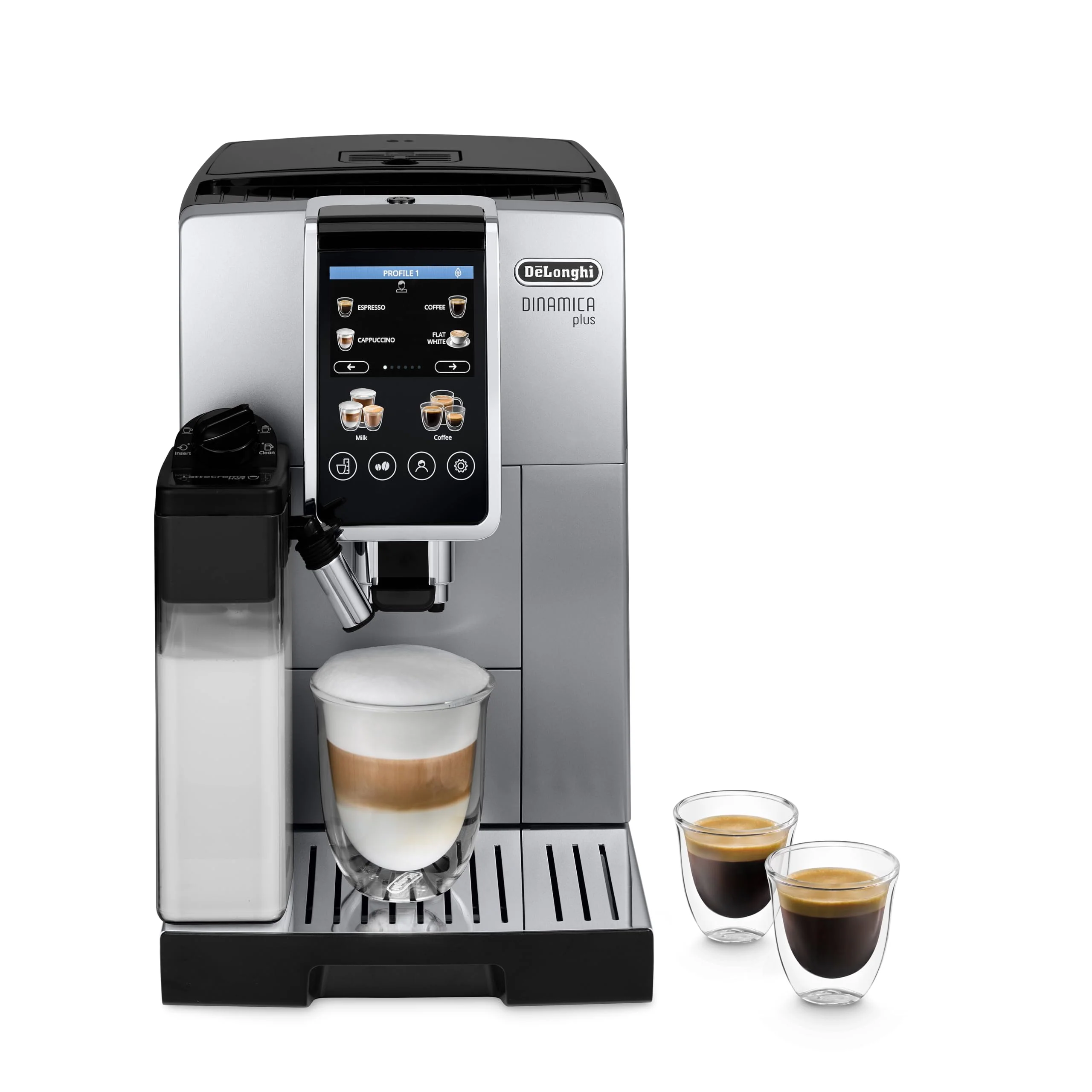 De'Longhi Dinamica Plus ECAM380.85.SB, Automatische Kaffeebohnenmaschine, Kaffeevollautomat mit LatteCrema Hot, Bean-to-Cup Kaffeeautomat mit 24 Rezepten, TFT 3,5", Silber/Schwarz