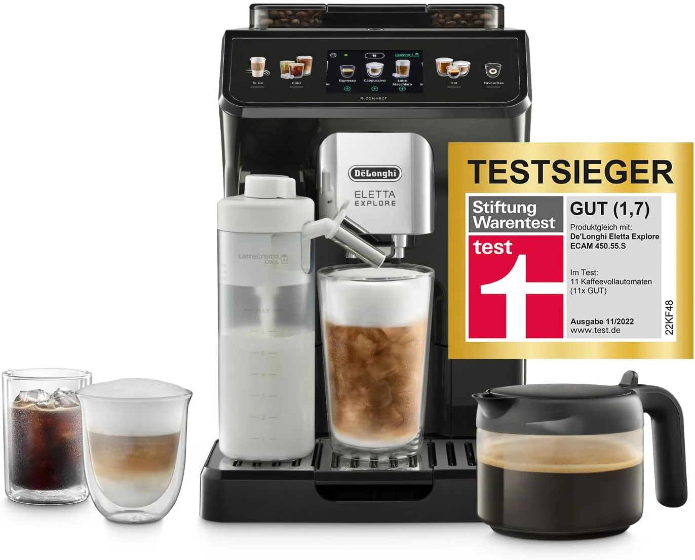 De'Longhi Eletta Explore ECAM452.57.G Kaffeevollautomat mit LatteCrema Milchsystem, heiße und kalte Getränke auf Knopfdruck, Touchscreen Farbdisplay, Kaffeekannen inkl., schwarz mit DLSC 500 Entkalker - Image 3
