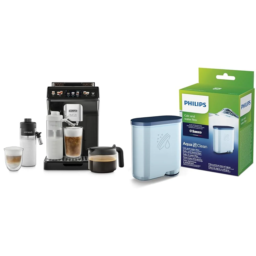 De'Longhi Eletta Explore Perfetto ECAM452.57.G Kaffeevollautomat mit LatteCrema Milchsystem & Philips AquaClean Kalk- und Wasserfilter für Espressomaschine, Kein Entkalken bis 5000 Tassen, Einzelpack
