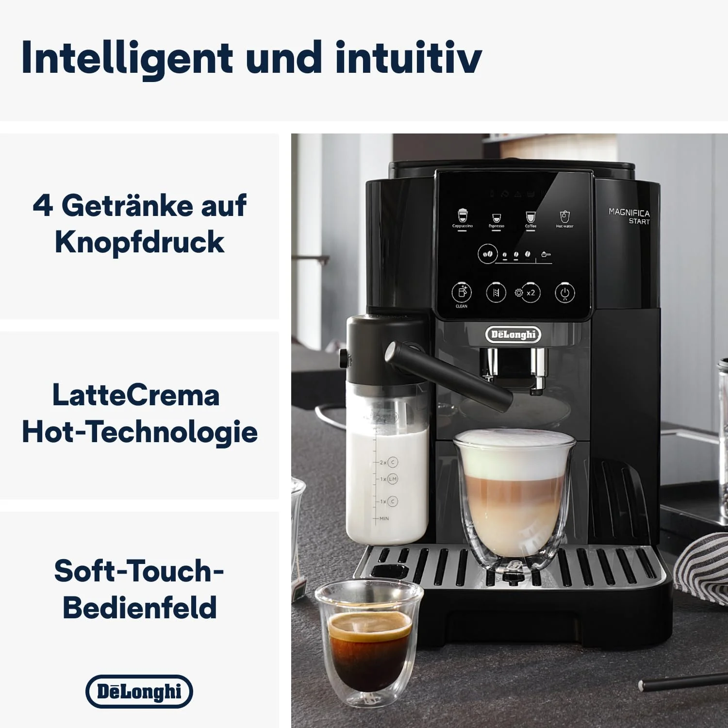 De'Longhi Magnifica Start ECAM222.60.BG, Kaffeevollautomat mit LatteCrema-Milchsystem für Automatischen Cappuccino, 4-Direktwahl-Tasten, Soft-Touch-Bedienfeld, "x2"-Funktion, 1450W, Schwarz/Grau - Image 2