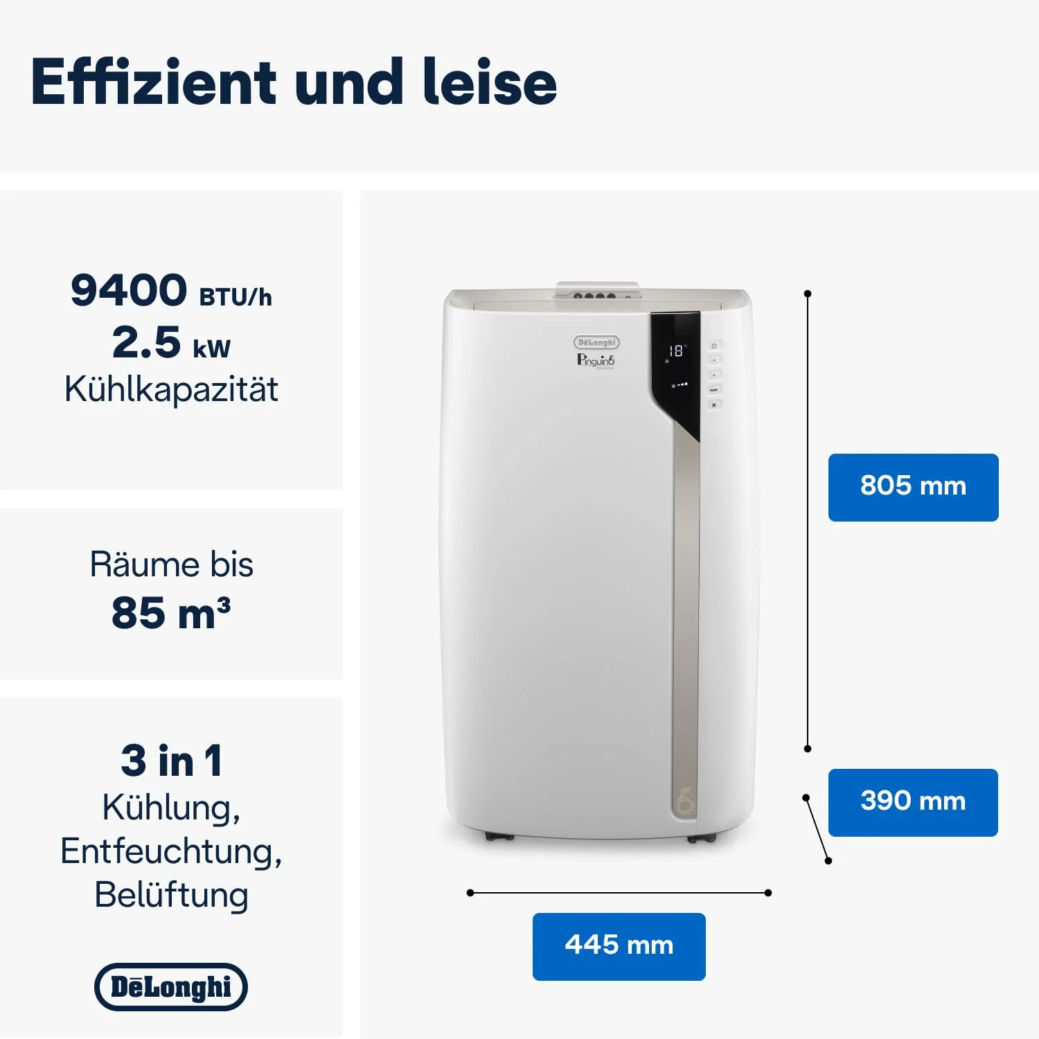 De'Longhi Pinguino PAC EX93 sehr leises Klimagerät mit Abluftschlauch, Whisper Technology - mobile Klimaanlage für Räume bis 85m³, 60dB(A), 3 Ventilatorgeschwindigkeiten, Entfeuchtungsfunktion, Weiß - Image 3