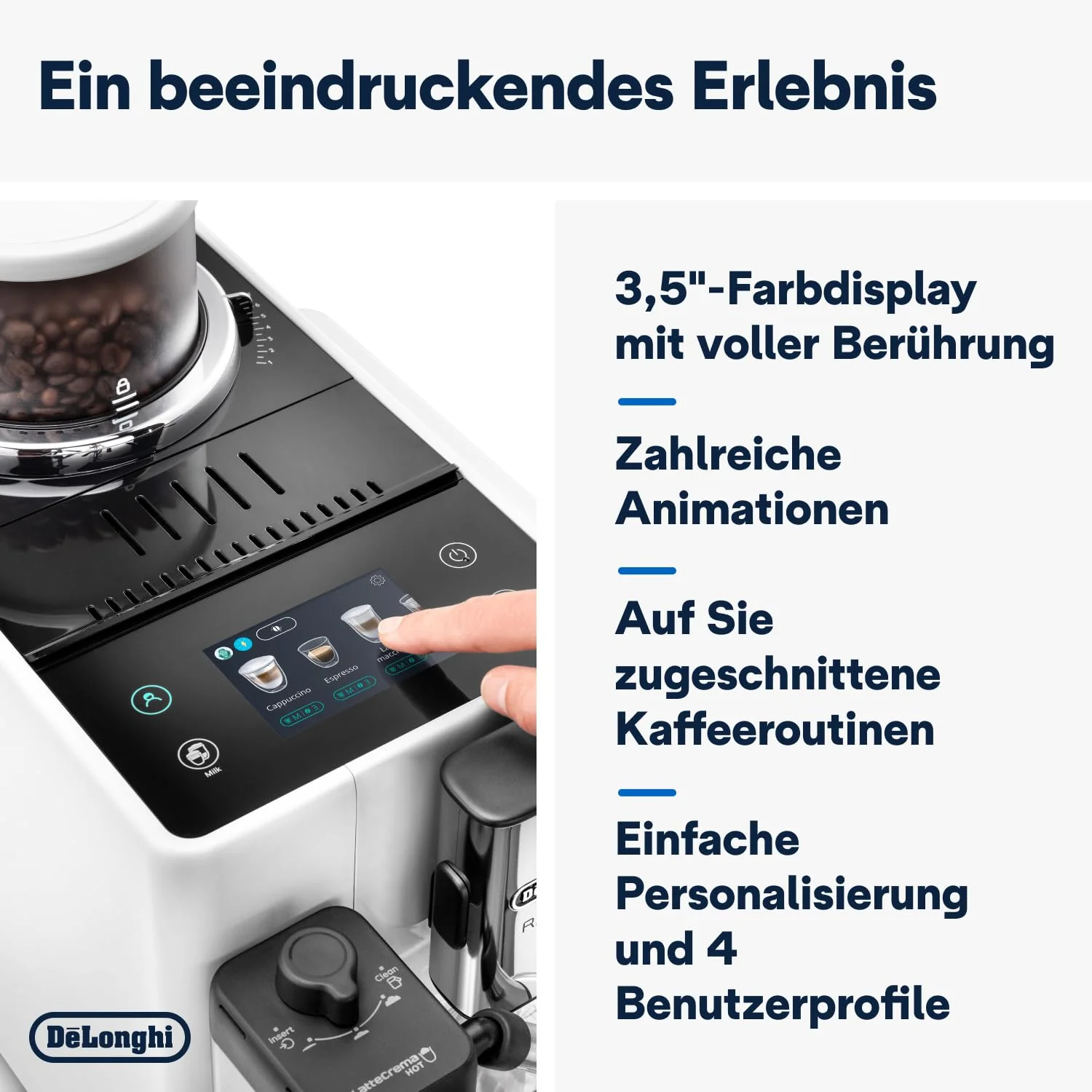 De'Longhi Rivelia EXAM440.35.BG Kaffeevollautomat mit Milchaufschäumdüse, Wechselbarer Bohnenbehälter, 8 Kaffeegetränke auf Knopfdruck, Extra-Shot-Funktion, 3,5" Touch-Display, Beige - Image 4
