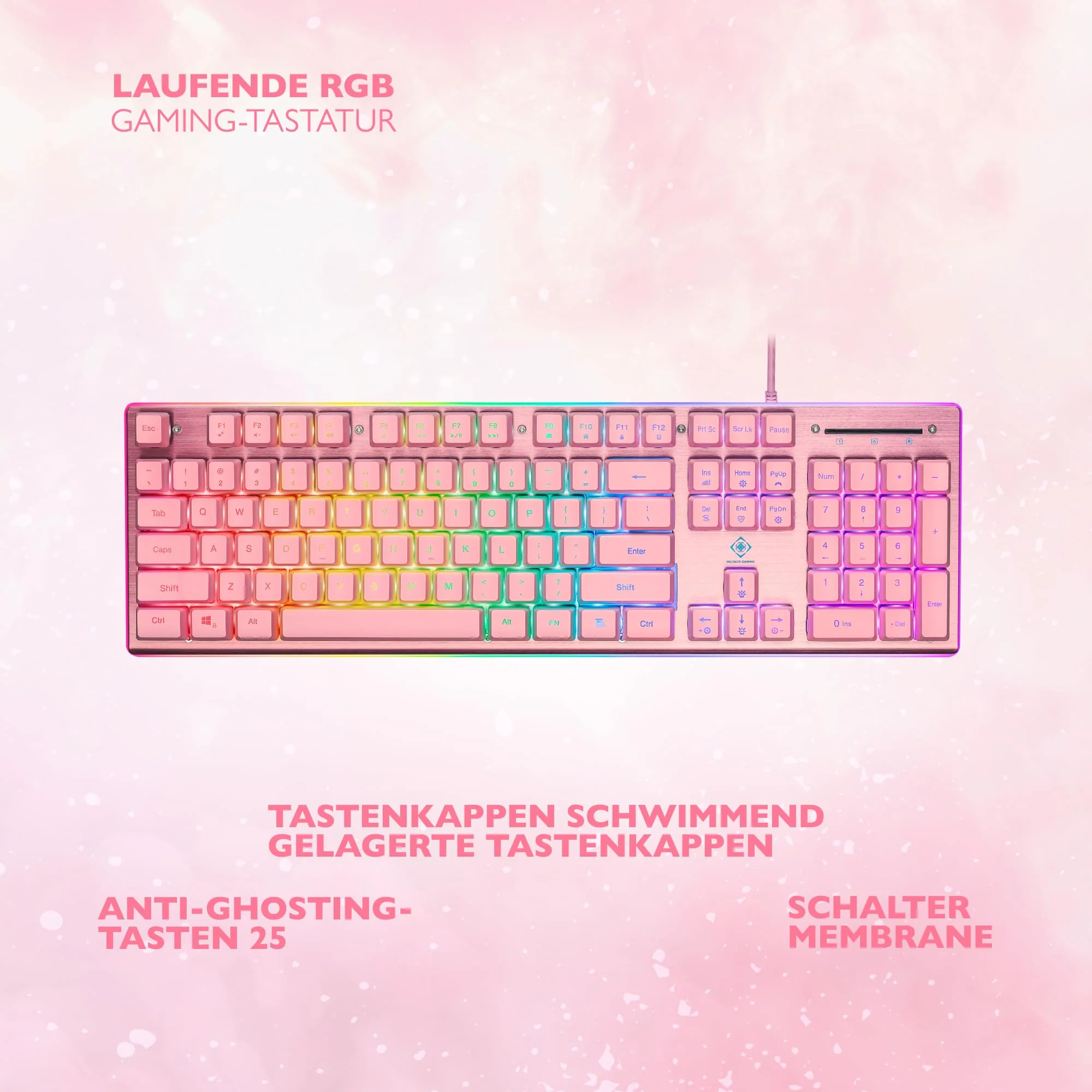 DELTACO GAMING PK75 – Gaming Tastatur (RGB Beleuchtung, 100%, 105 Tasten, Deutsches Layout QWERTZ) – Pink/Rosa - Image 4
