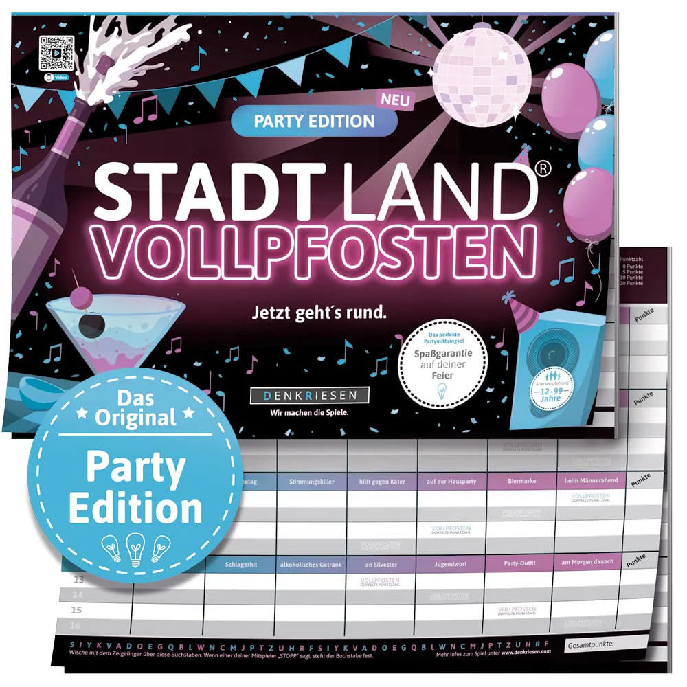 DENKRIESEN - Stadt Land VOLLPFOSTEN® - Party Edition - 'Jetzt geht's rund.' - DIN A4 Spielblock | ab 12 Jahren | 50 Blatt | Partyspiel | Geschenk | Spaß vorprogrammiert