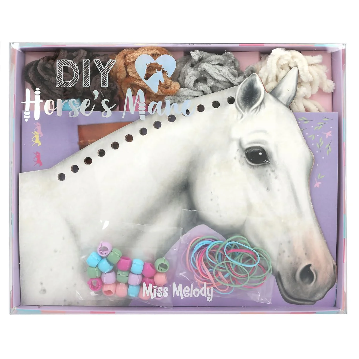 Depesche 12484 Miss Melody - Pferde Mähne flechten DIY-Set, inkl. 8 Kartonagen in Pferdekopf-Form, 4 Wollfäden sowie bunten Gummibändern und Clips, Schwarz