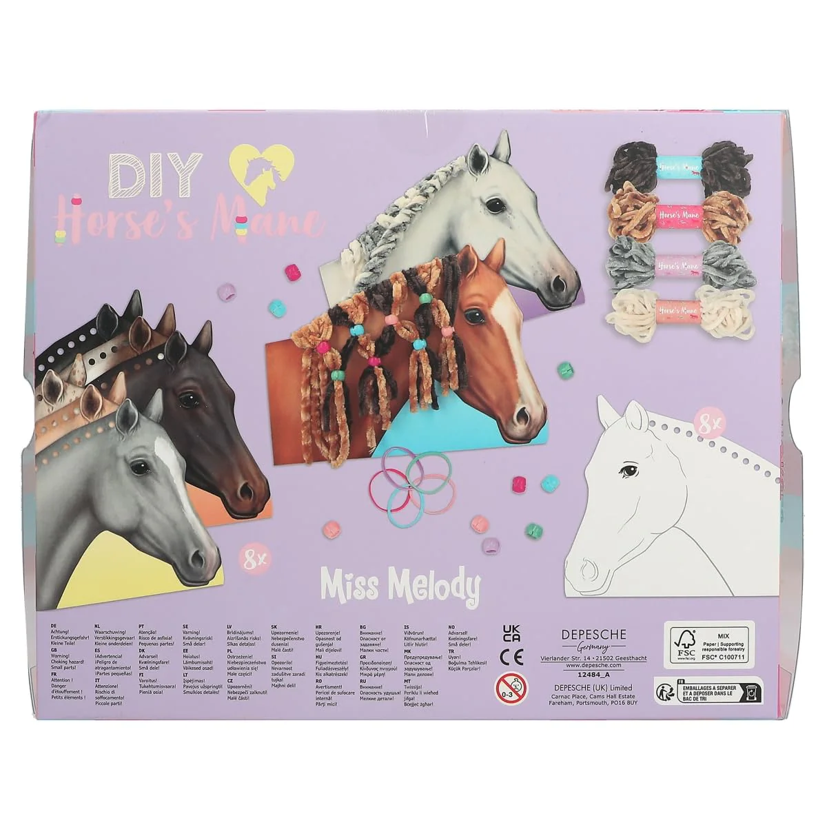Depesche 12484 Miss Melody - Pferde Mähne flechten DIY-Set, inkl. 8 Kartonagen in Pferdekopf-Form, 4 Wollfäden sowie bunten Gummibändern und Clips, Schwarz - Image 2