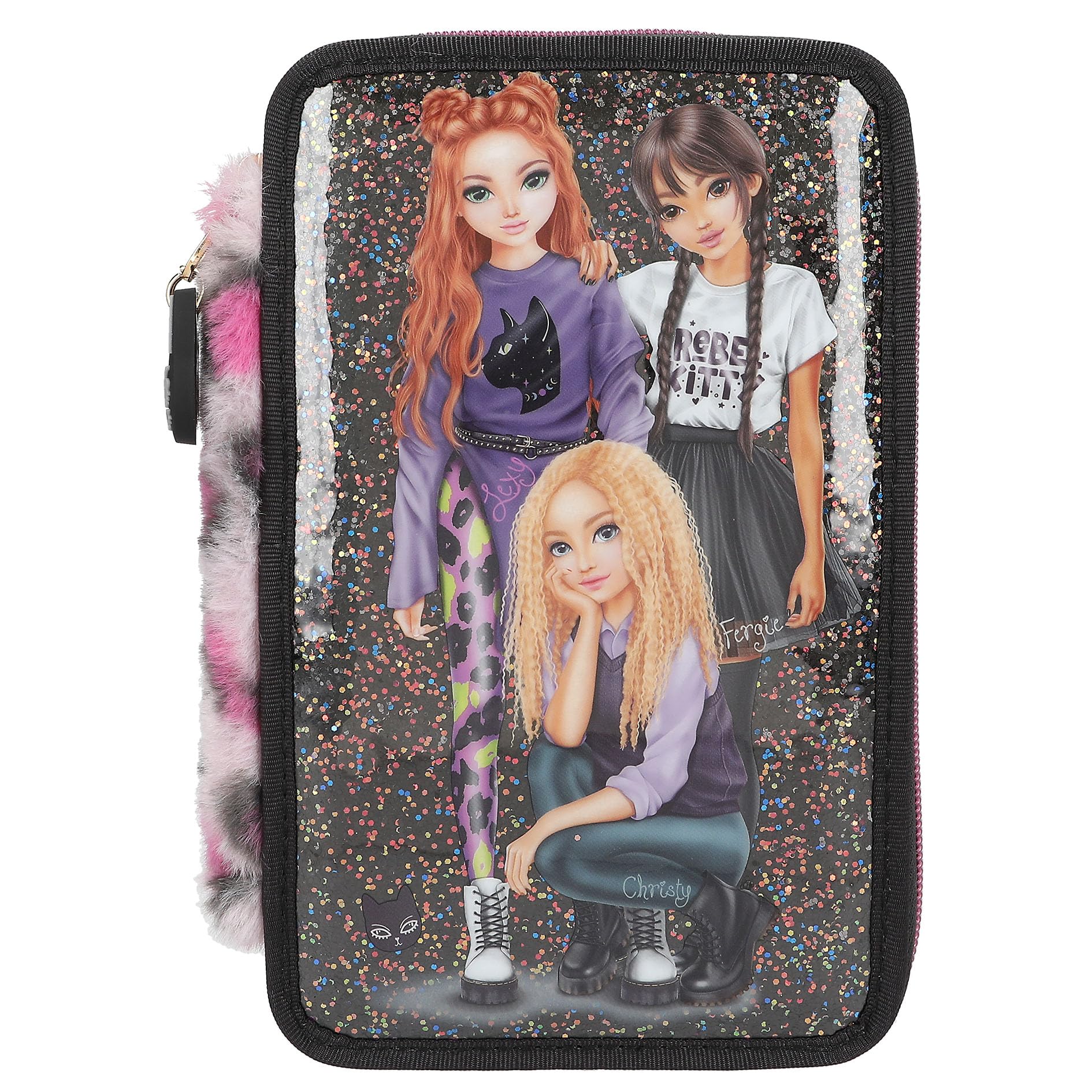 Depesche 13017 TOPModel Rebel Kitty - Gefüllte 3-Fach Federtasche in Schwarz, mit Model Motiv, Glitzer und Leo-Fell, Federmappe mit Buntstiften, Lineal, Schere uvm.