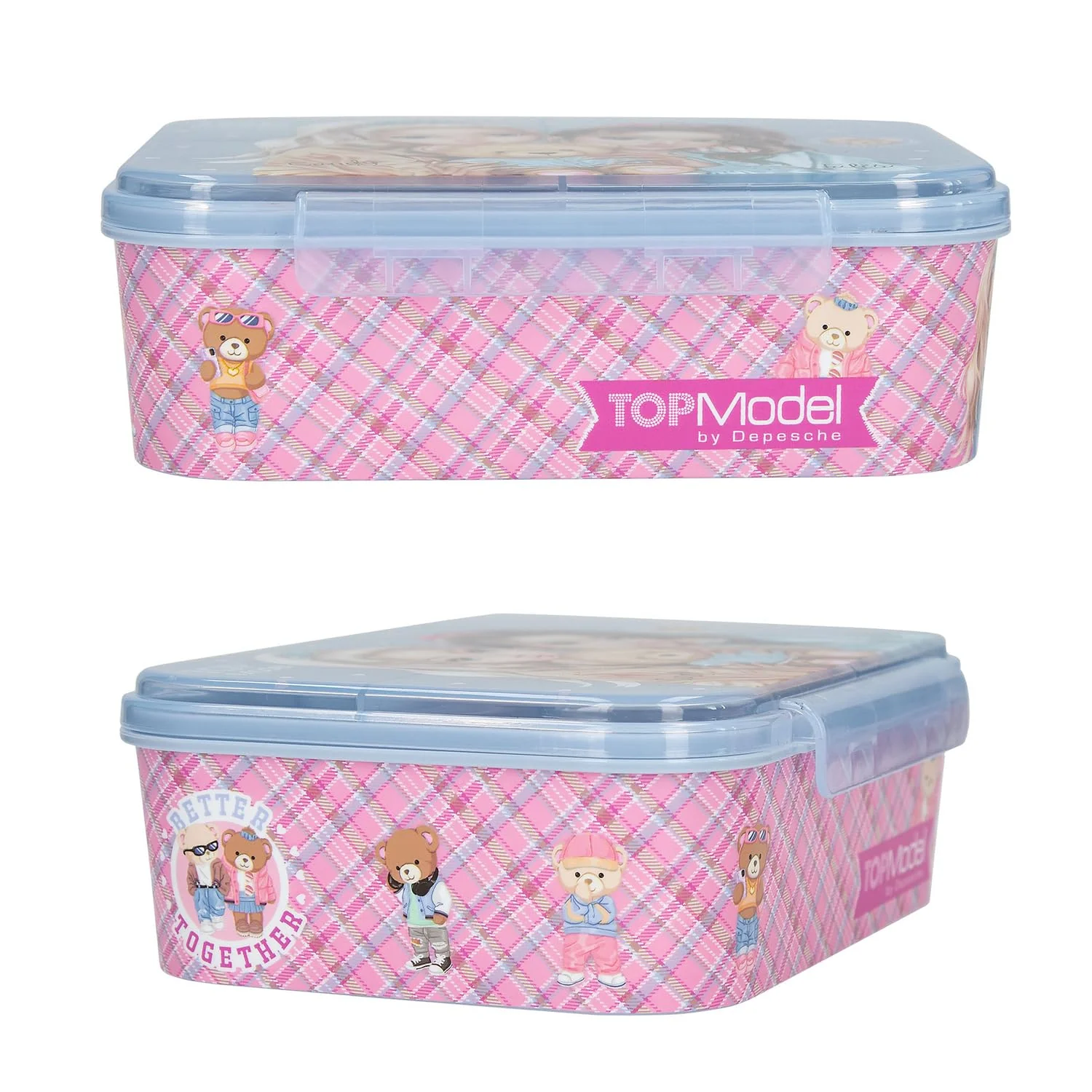 Depesche 13255 TOPModel Team Teddy - Brotdose in Rosa, mit Model Motiv und Karo Muster, Lunchbox mit 3 Fächern und transparent-blauem Deckel - Image 2