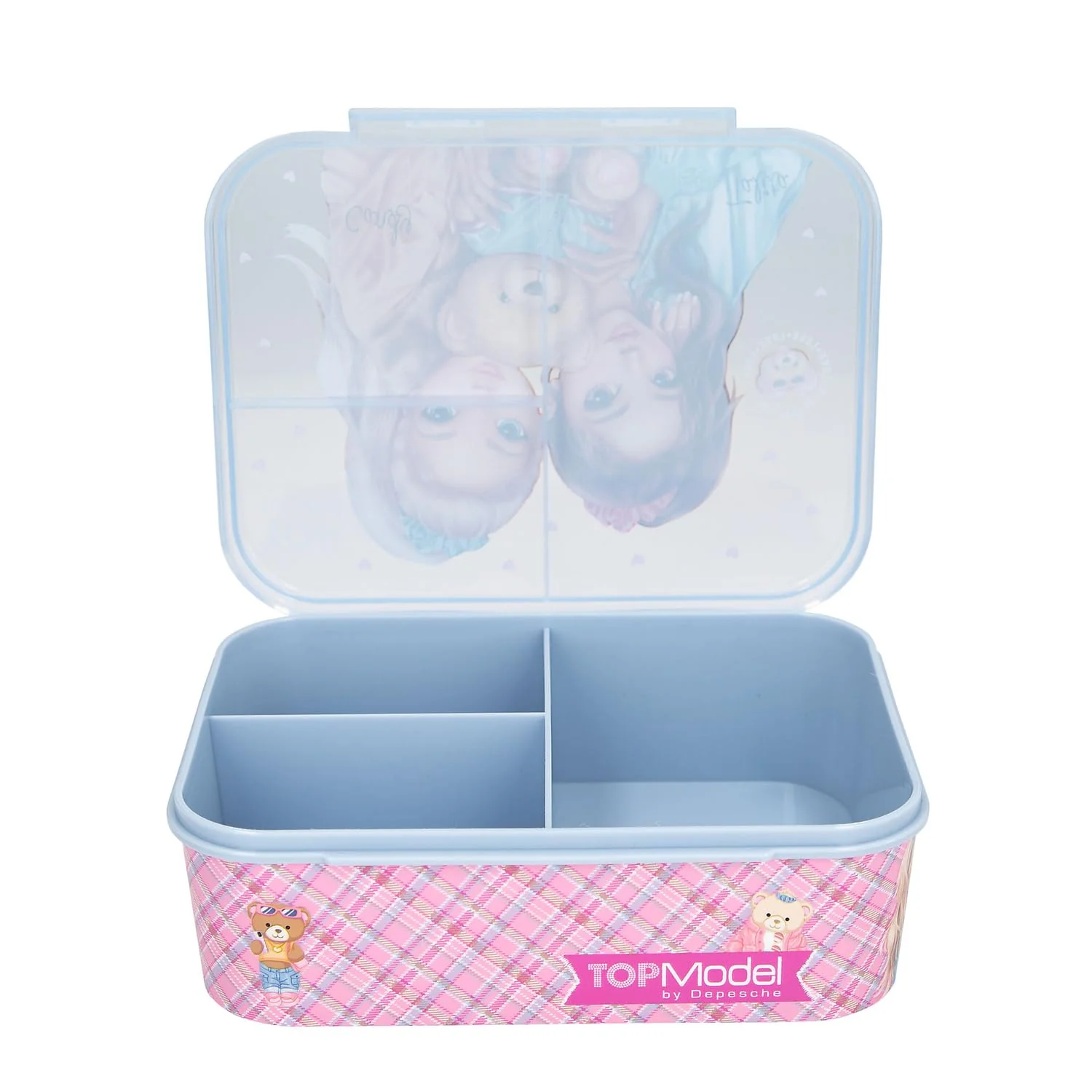 Depesche 13255 TOPModel Team Teddy - Brotdose in Rosa, mit Model Motiv und Karo Muster, Lunchbox mit 3 Fächern und transparent-blauem Deckel - Image 3