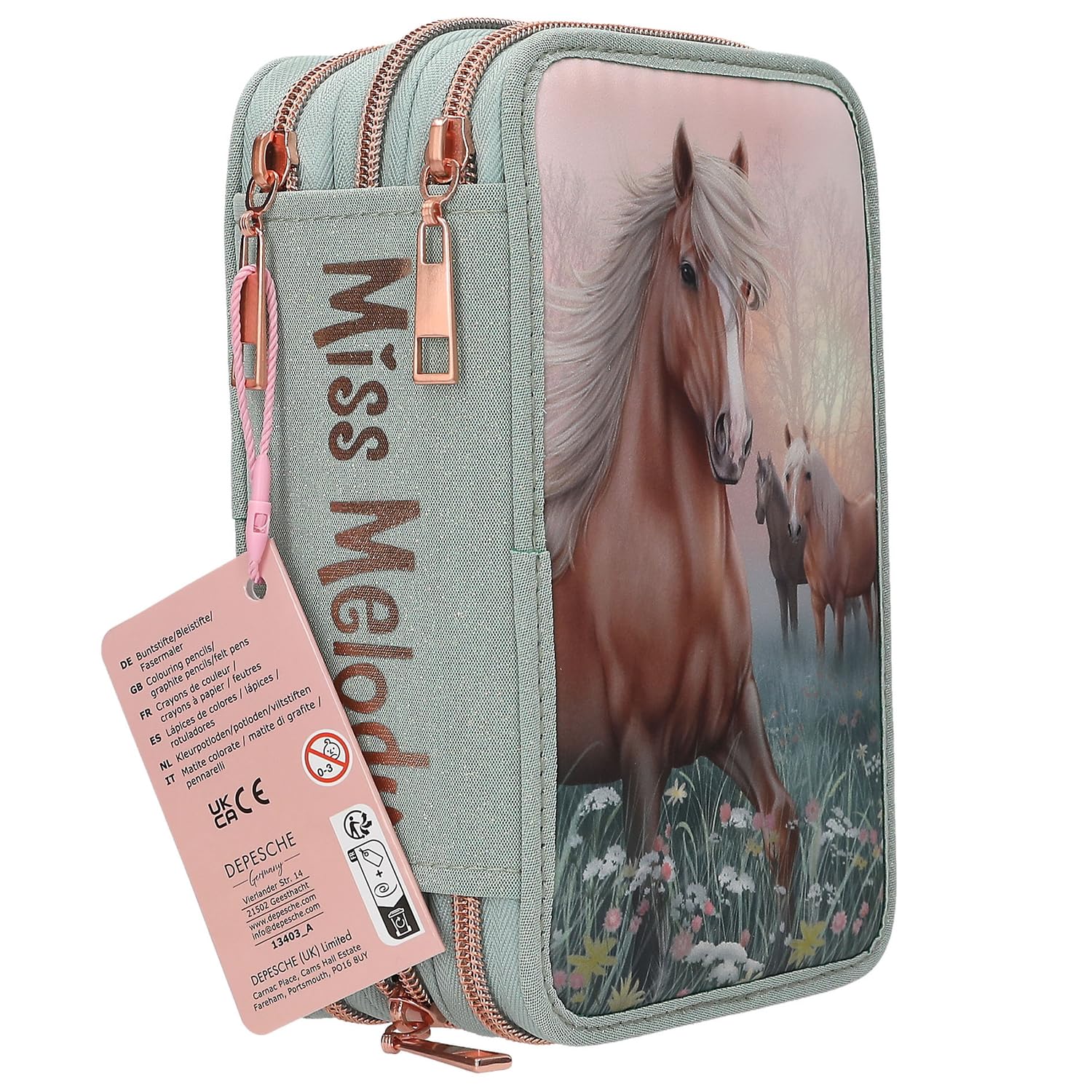Depesche 13403 Miss Melody Romantic Fields - Gefüllte 3-Fach Federtasche in Grün, mit Pferde Motiv, Blumen und Glitzer, Federmappe mit Buntstiften, Lineal, Schere uvm. - Image 3
