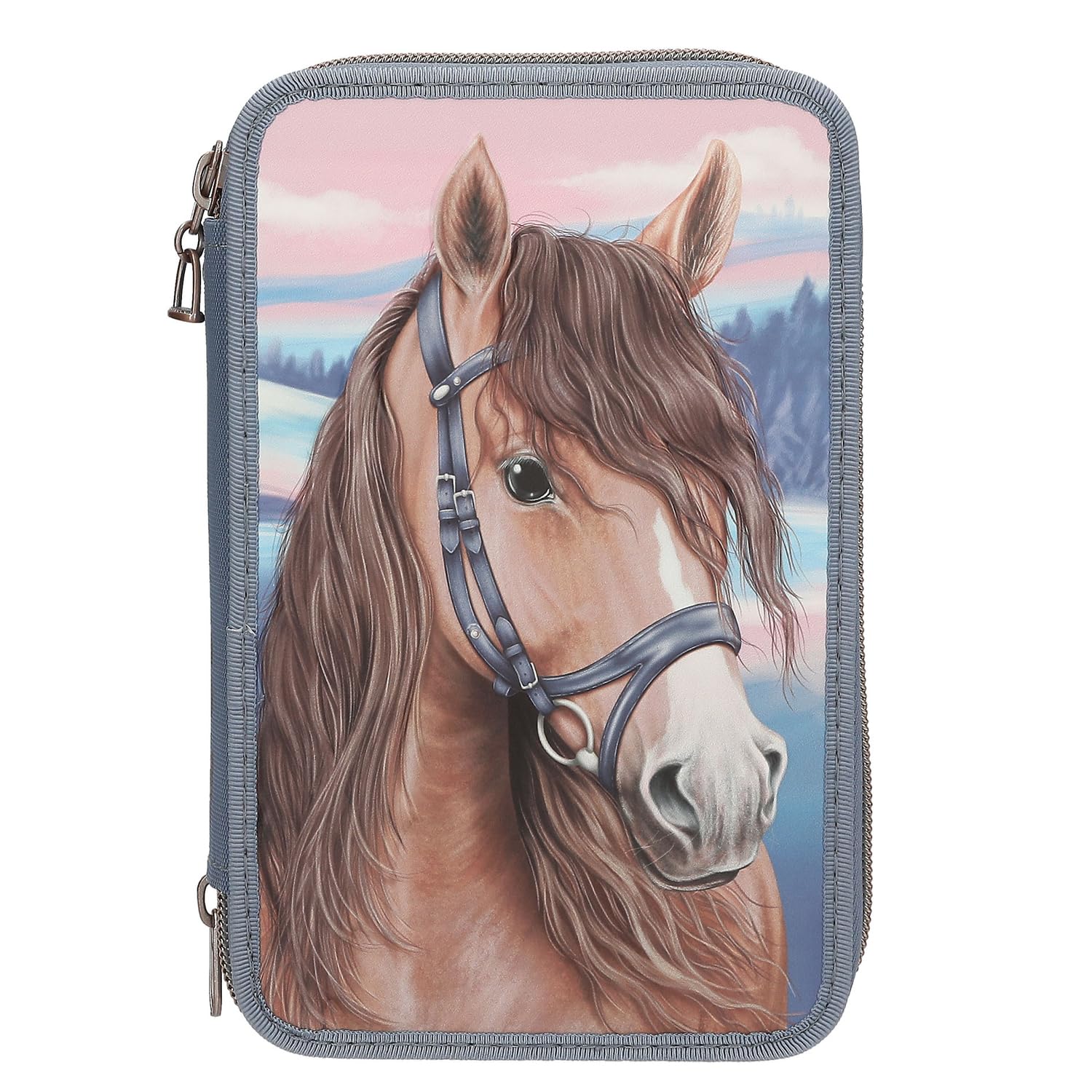 Depesche 13415 Miss Melody - Gefüllte 3-Fach Federtasche in Blau, mit 3D-Effekt und Pferde Motiv, Federmappe mit Buntstiften, Schere, Lineal UVM.