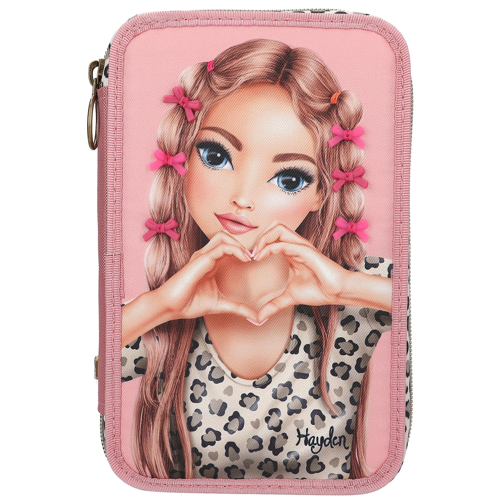 Depesche 13640 TOPModel Leoheart - Gefüllte 3-Fach Federtasche in Rosa, mit Model Motiv und Schleifen, Federmappe mit Buntstiften, Schere, Lineal UVM.