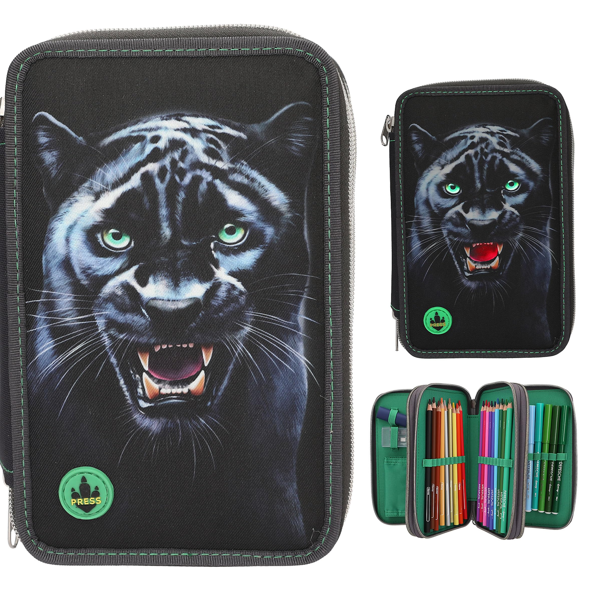 Depesche 13709 Adventure World Panther - Gefüllte 3-Fach Federtasche in Schwarz, mit Panther Motiv und LED Lichteffekten, Federmappe mit Buntstiften, Schere, Lineal UVM.