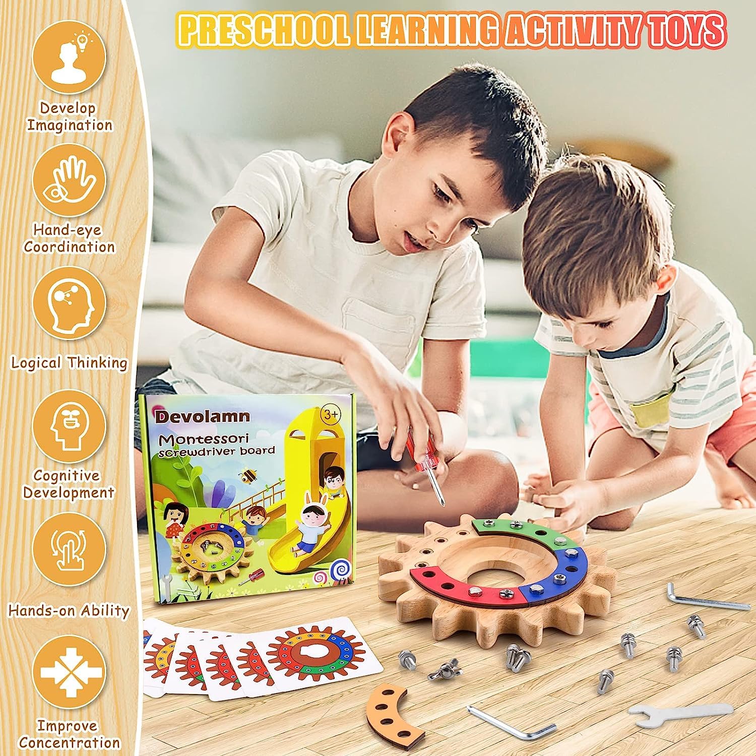 Devolamn Montessori Spielzeug für 3 4 5 Jahre, 35 in 1 Montessori Schraubbrett, Holzspielzeug Lernspielzeug Motorikspielzeug, Feinmotorik Sensorik Spielzeug Geschenk für Kleinkind STEM (20CM) - Image 4