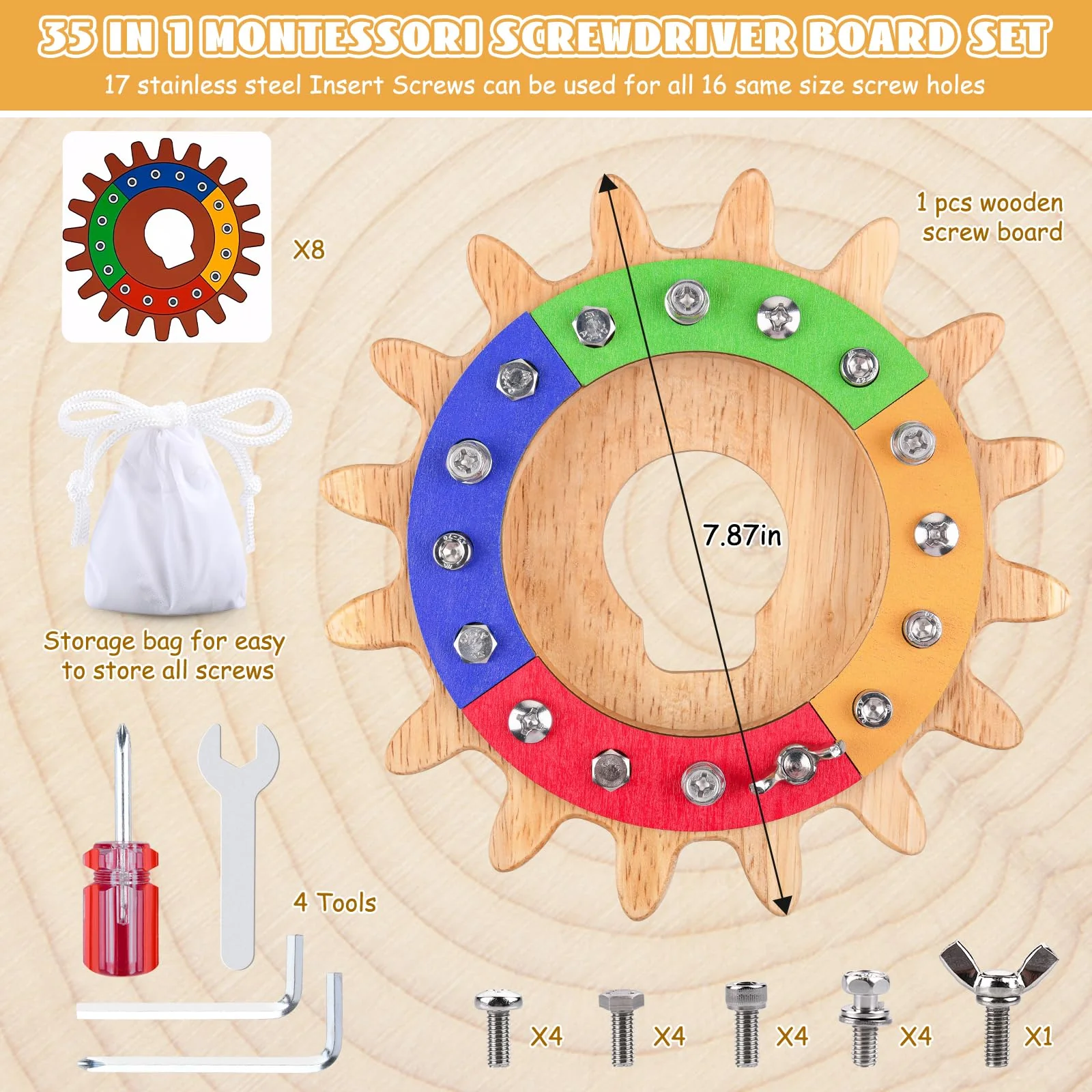 Devolamn Montessori Spielzeug für 3 4 5 Jahre, 35 in 1 Montessori Schraubbrett, Holzspielzeug Lernspielzeug Motorikspielzeug, Feinmotorik Sensorik Spielzeug Geschenk für Kleinkind STEM (20CM) - Image 7