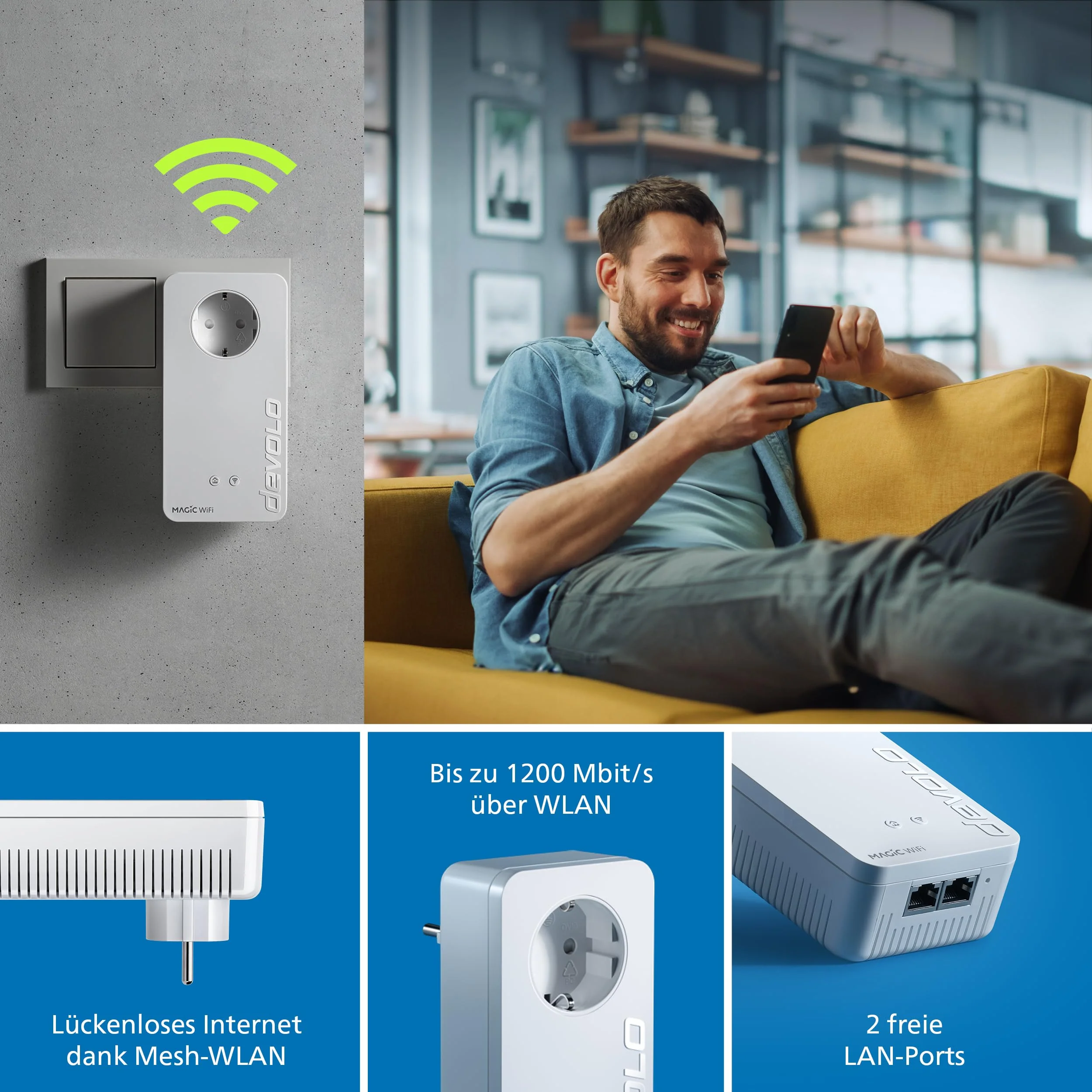 devolo Magic 1 WiFi Erweiterungsadapter, WLAN Powerline Adapter, bis zu 1.200 Mbit/s, Mesh WLAN, WLAN Steckdose, 2x LAN Anschluss, dLAN 2.0, weiß - Image 4