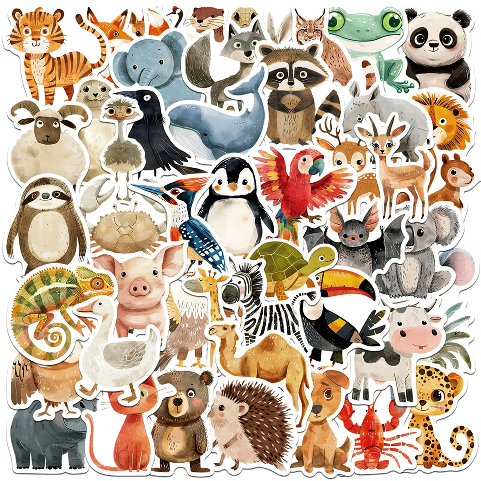 Dewocke Tier Sticker Set für Kinder, 50 Unikate Illustration Tiere Aufkleber, Belohnungsaufkleber, Vinyl Wasserfest & Robust, Universal für Laptop, Wasserflasche, Skateboard, Auto & mehr