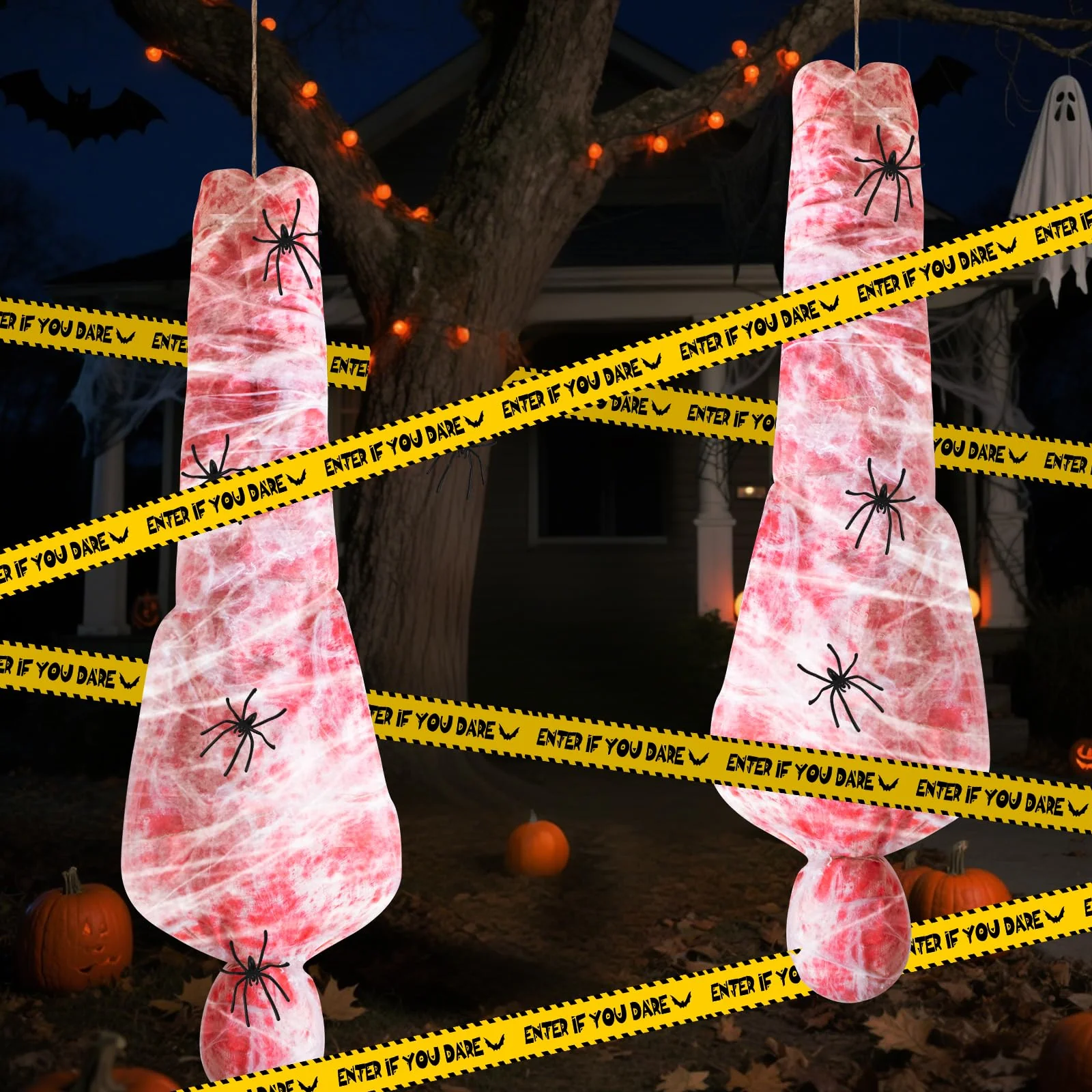 Dhnvcud 2 Stücke Halloween Leichensack Set, Hängende Aufblasbare Leiche mit Blutgaze & Spinnweben, Gruselige Dekoration für Spukhaus, Halloween Party Zuhause Garten, Wiederverwendbar - Image 2
