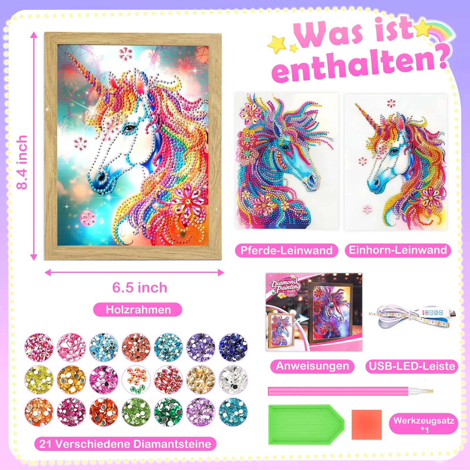 Diamond Painting Kinder Nachtlicht: Einhorn Geschenke Mädchen 5 6 7 8 9 10 11 Jahre, Bastelset Kinder Basteln Mädchen 6-12 Jahre Bilderrahmen Bastelset Geschenk Spielzeug ab 5-6-8-10-12-Jahr-Mädchen - Image 3