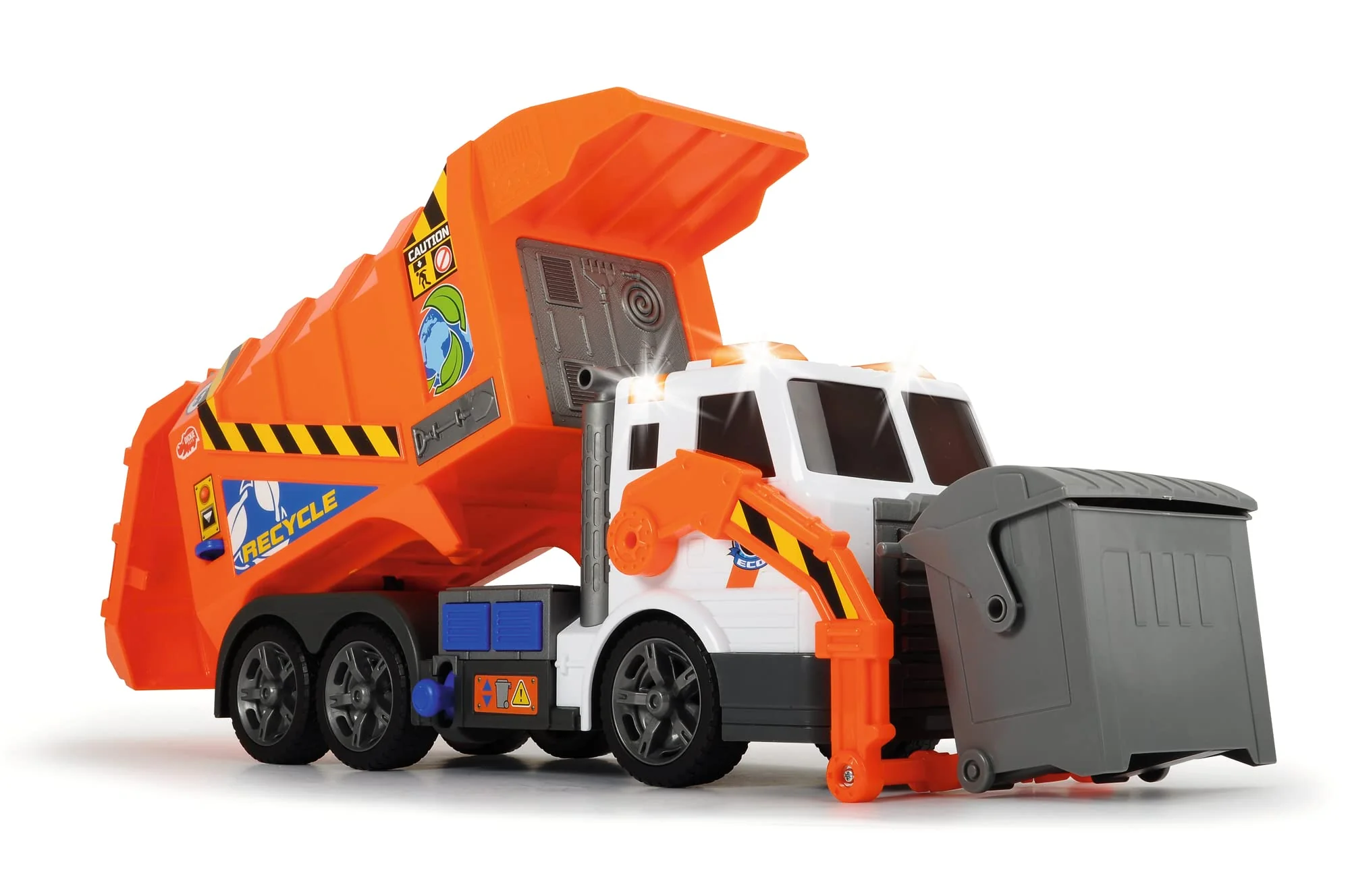 Dickie 186380 Toys Müllauto, Müllabfuhrwagen, Müllwagen, Spielzeugauto, batteriebetriebene Gabel mit Mülltonne, Kippfunktion, Licht & Sound, inkl. Batterien, 46 cm groß, ab 3 Jahren - Image 4