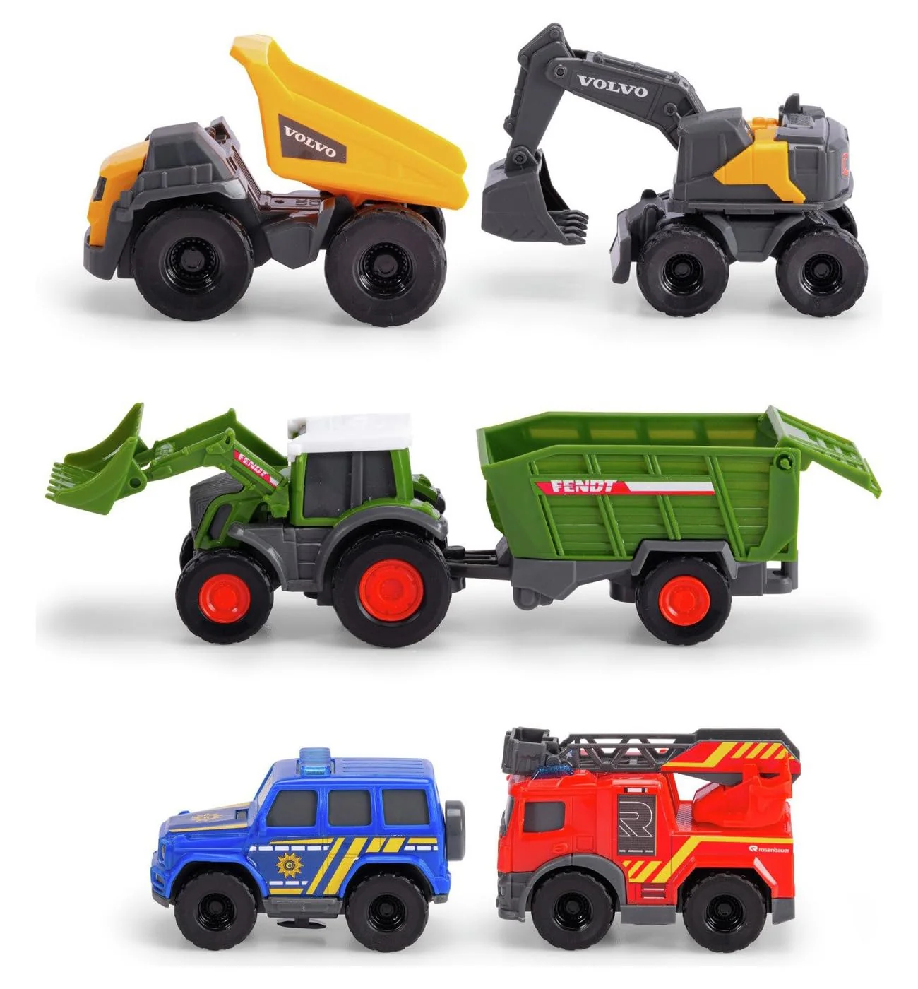 Dickie Toys - 5er-Set Micro Spielzeugautos (je ca. 8 cm) - 5 Autos (Polizei, Feuerwehr, Bagger, Traktor mit Anhänger und Muldenkipper) mit Freilauf und beweglichen Teilen für Kinder ab 3 Jahre - Image 7