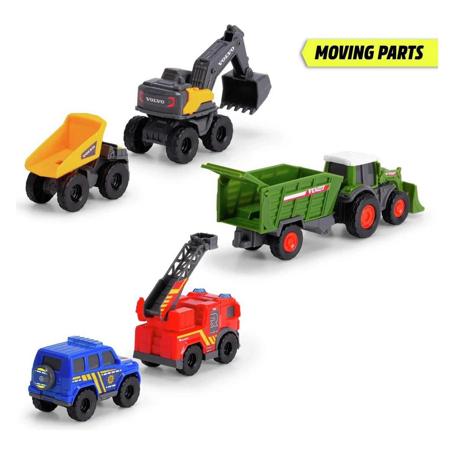 Dickie Toys - 5er-Set Micro Spielzeugautos (je ca. 8 cm) - 5 Autos (Polizei, Feuerwehr, Bagger, Traktor mit Anhänger und Muldenkipper) mit Freilauf und beweglichen Teilen für Kinder ab 3 Jahre - Image 8