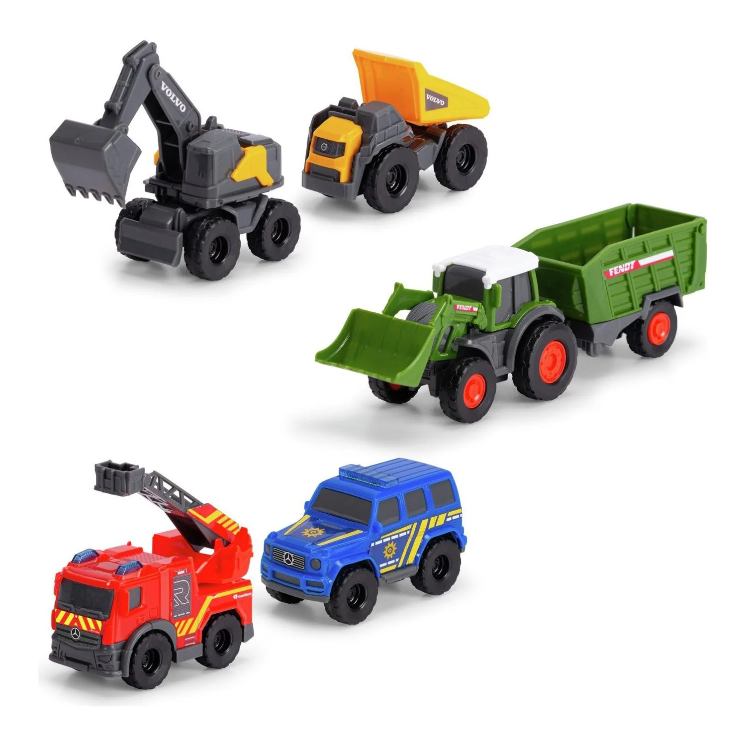 Dickie Toys - 5er-Set Micro Spielzeugautos (je ca. 8 cm) - 5 Autos (Polizei, Feuerwehr, Bagger, Traktor mit Anhänger und Muldenkipper) mit Freilauf und beweglichen Teilen für Kinder ab 3 Jahre - Image 9
