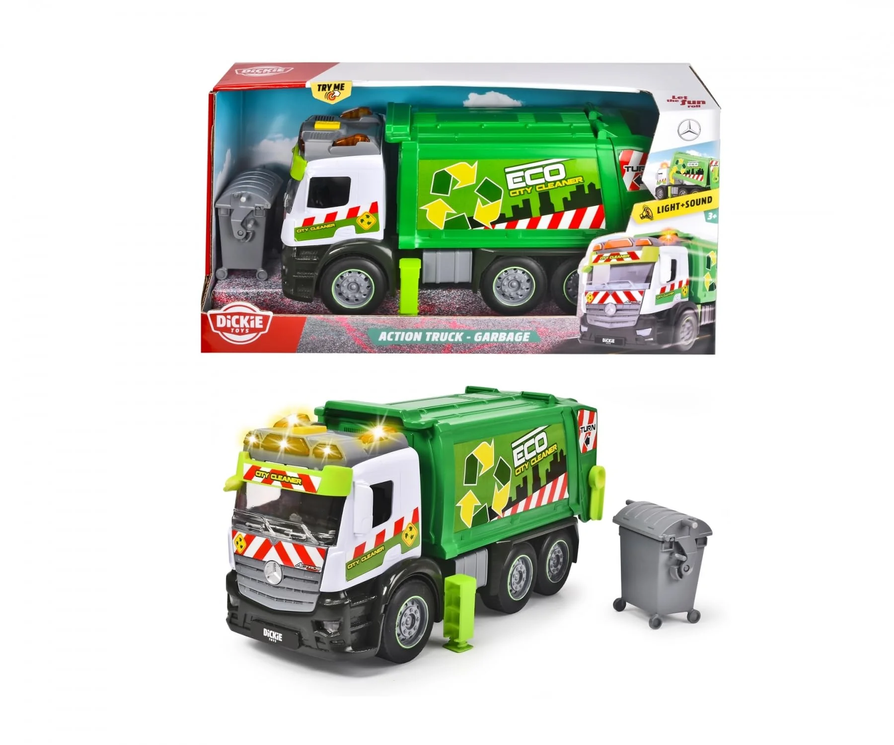 Dickie Toys – Action Truck Müllauto – Müllwagen inkl. Mülltonne, mit Sound und Warnlicht, Be- und Entladefunktion, Müllabfuhr für Kinder ab 3 Jahren, Grün/Weiß - Image 2
