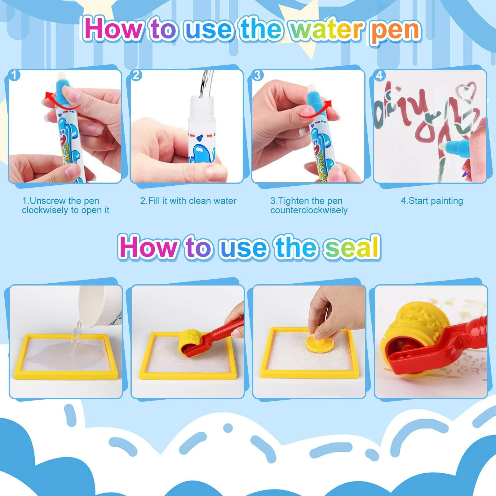 DICLLY Aqua Wasser Doodle Matte,120x90cm Super Groß Aqua Magic Doodle Matte,Malmatte Mit Wasserstift Werkzeuge Stempe Zubehör,fleckenfreier Malspaß mit Wasser,für 1 2 3 4 5 6 Jahre Alt Junge Mädchen - Image 4