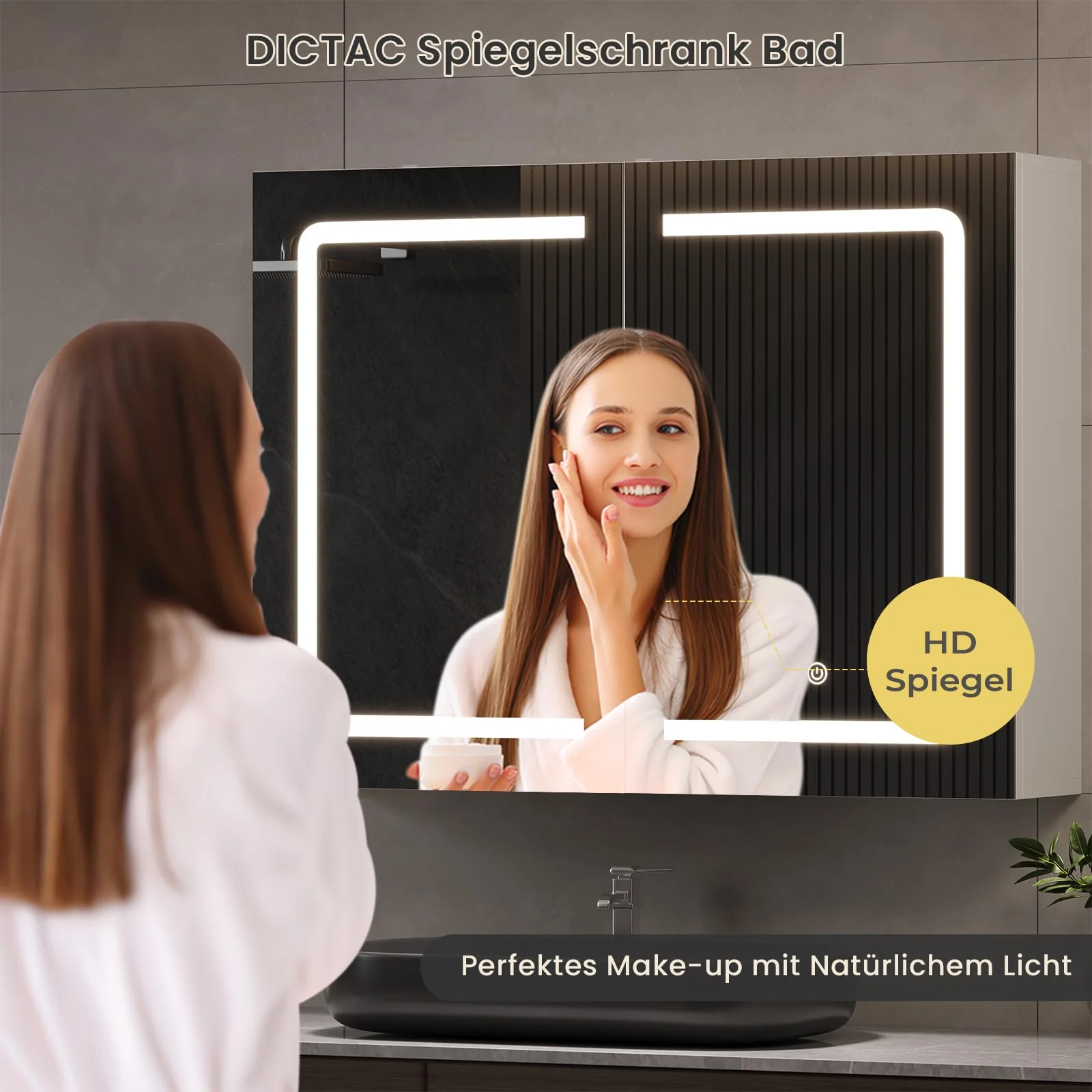 DICTAC Badezimmer spiegelschrank mit Beleuchtung 80x16x60cm Spiegelschrank Bad mit LED und Steckdose 80 cm Breit Doppeltür Badschrank mit Spiegel und Ablage,Hängeschrank,Berührung Sensorschalter,Weiß - Image 7