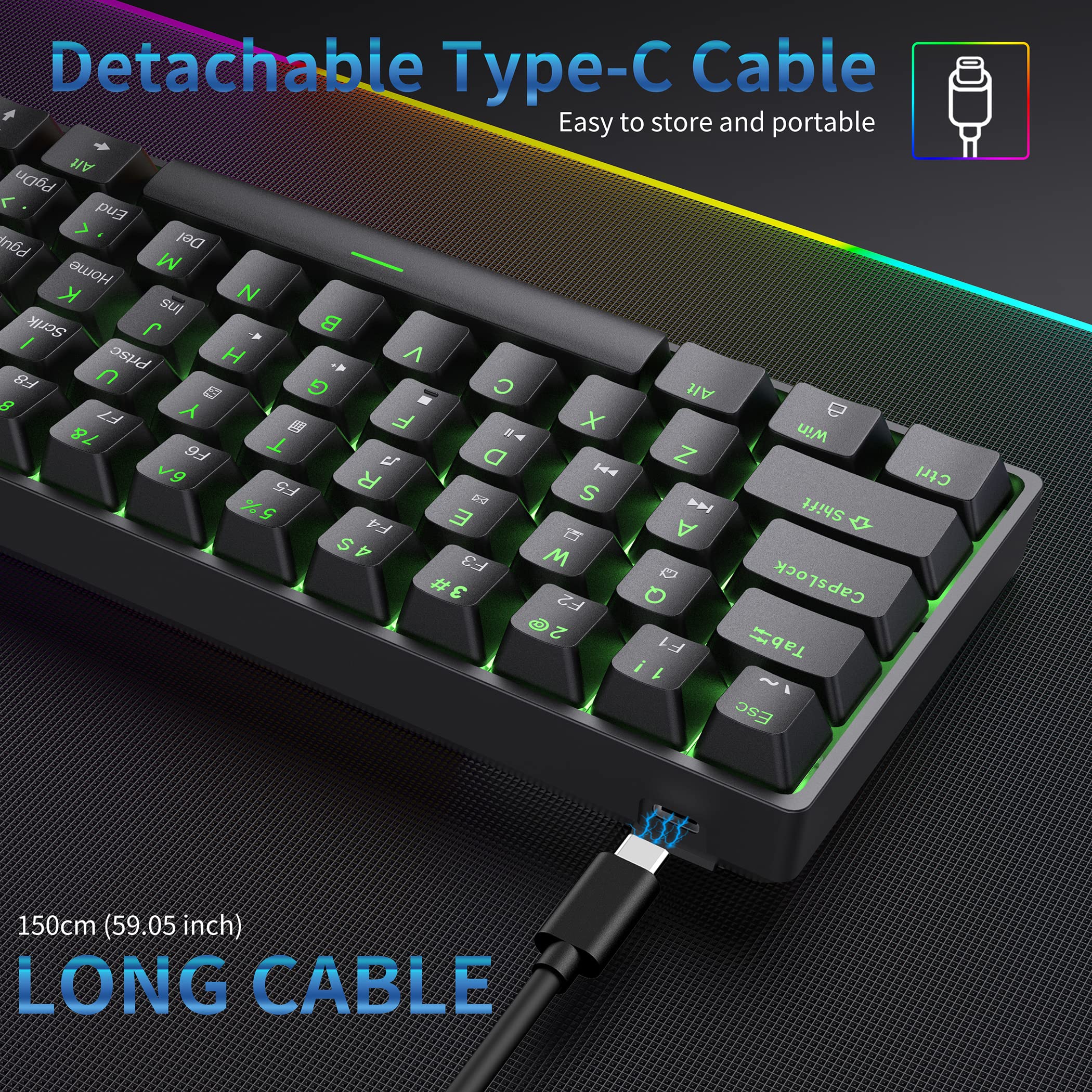 Dierya DK61se Gaming Tastatur,60% Prozent Mechanische Tastatur mit Blue Clicky Switch,Ultra-Compact Mini 61 Tasten Anti-Ghosting,Typ-C-Datenkabel,US Layout für PC Windows Gamer Typist,Schwarz - Image 7