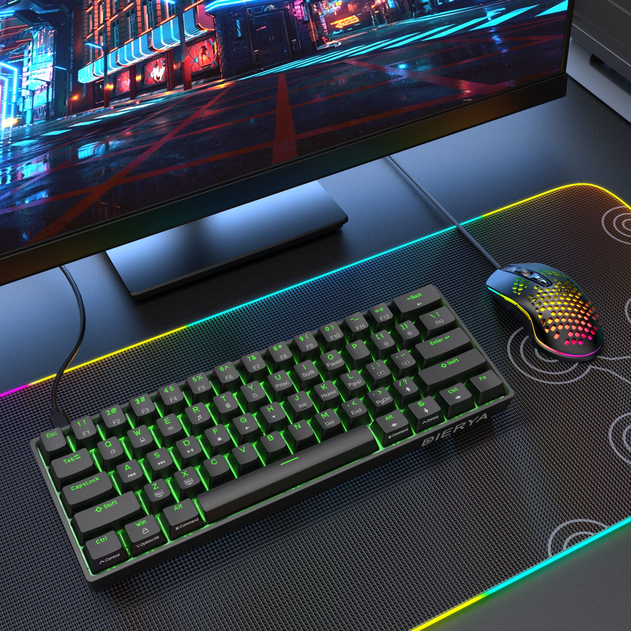 Dierya DK61se Gaming Tastatur,60% Prozent Mechanische Tastatur mit Brown Tactile Switch,Ultra-Compact Mini 61 Tasten Anti-Ghosting,Typ-C-Datenkabel,US Layout für PC Windows Gamer Typist,Schwarz - Image 6