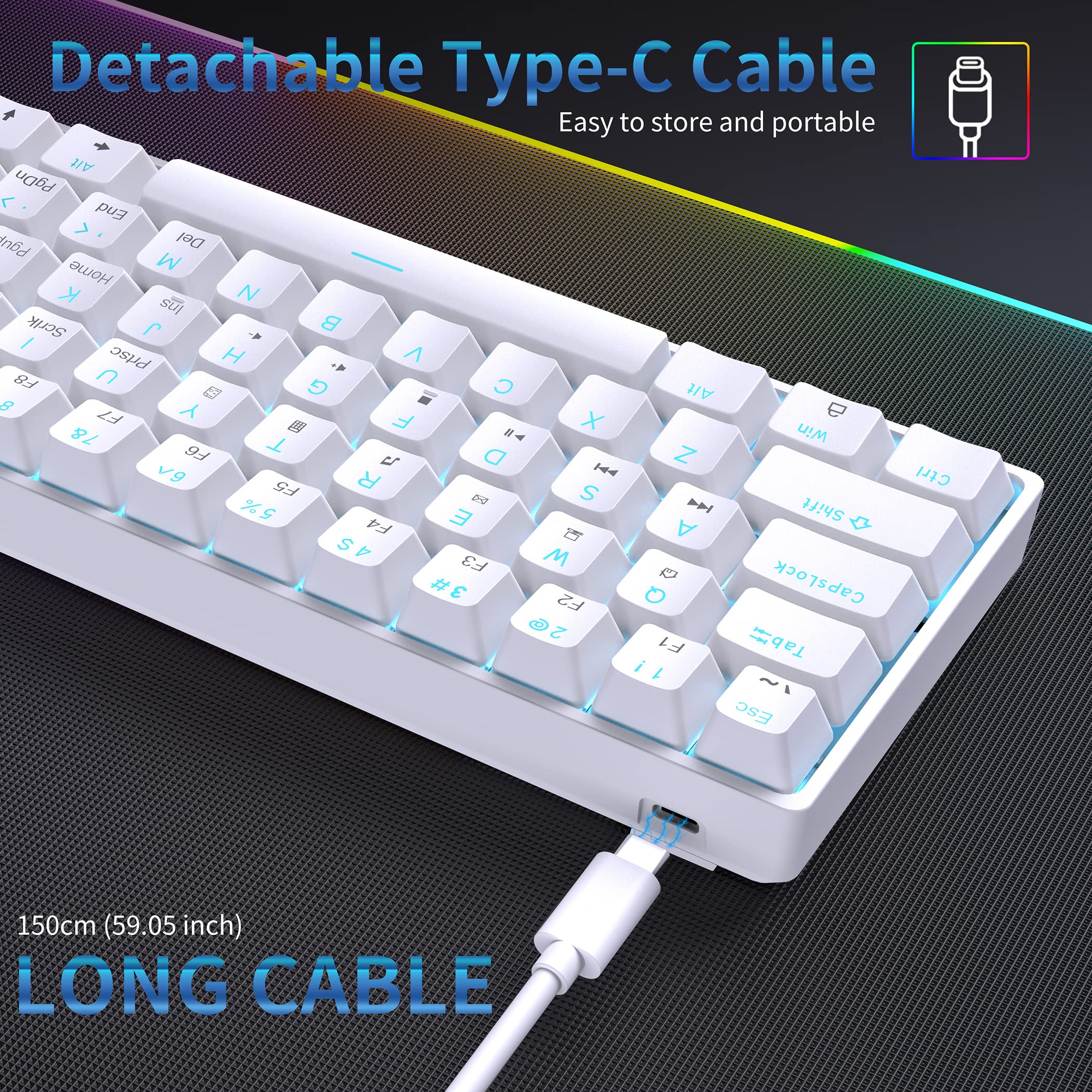 Dierya DK61se Gaming Tastatur,60% Prozent Mechanische Tastatur mit Red Linear Switch,Ultra-Compact Mini 61 Tasten Anti-Ghosting,Typ-C-Datenkabel,US Layout für PC Windows Gamer Typist,Weiß - Image 12