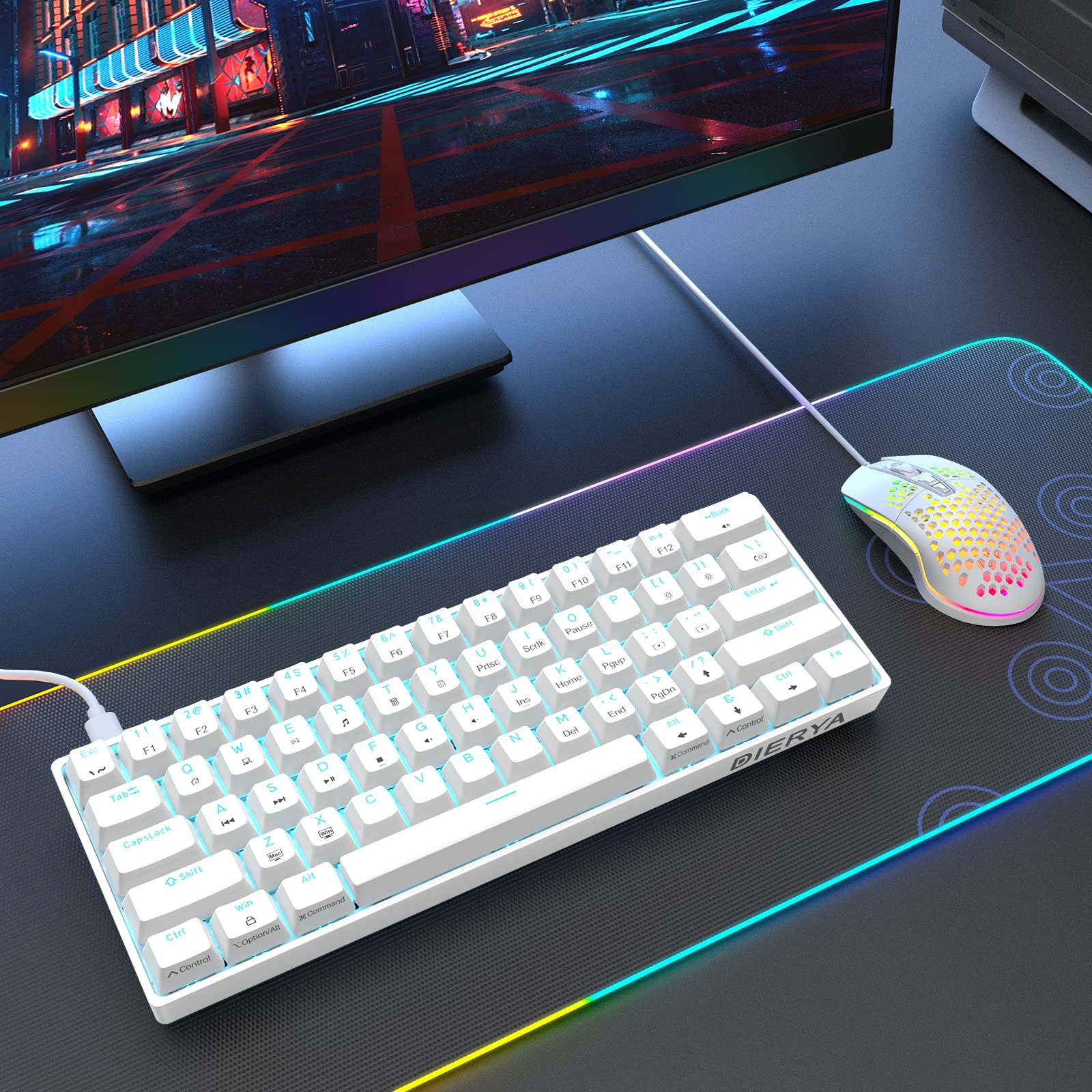 Dierya DK61se Gaming Tastatur,60% Prozent Mechanische Tastatur mit Red Linear Switch,Ultra-Compact Mini 61 Tasten Anti-Ghosting,Typ-C-Datenkabel,US Layout für PC Windows Gamer Typist,Weiß - Image 6