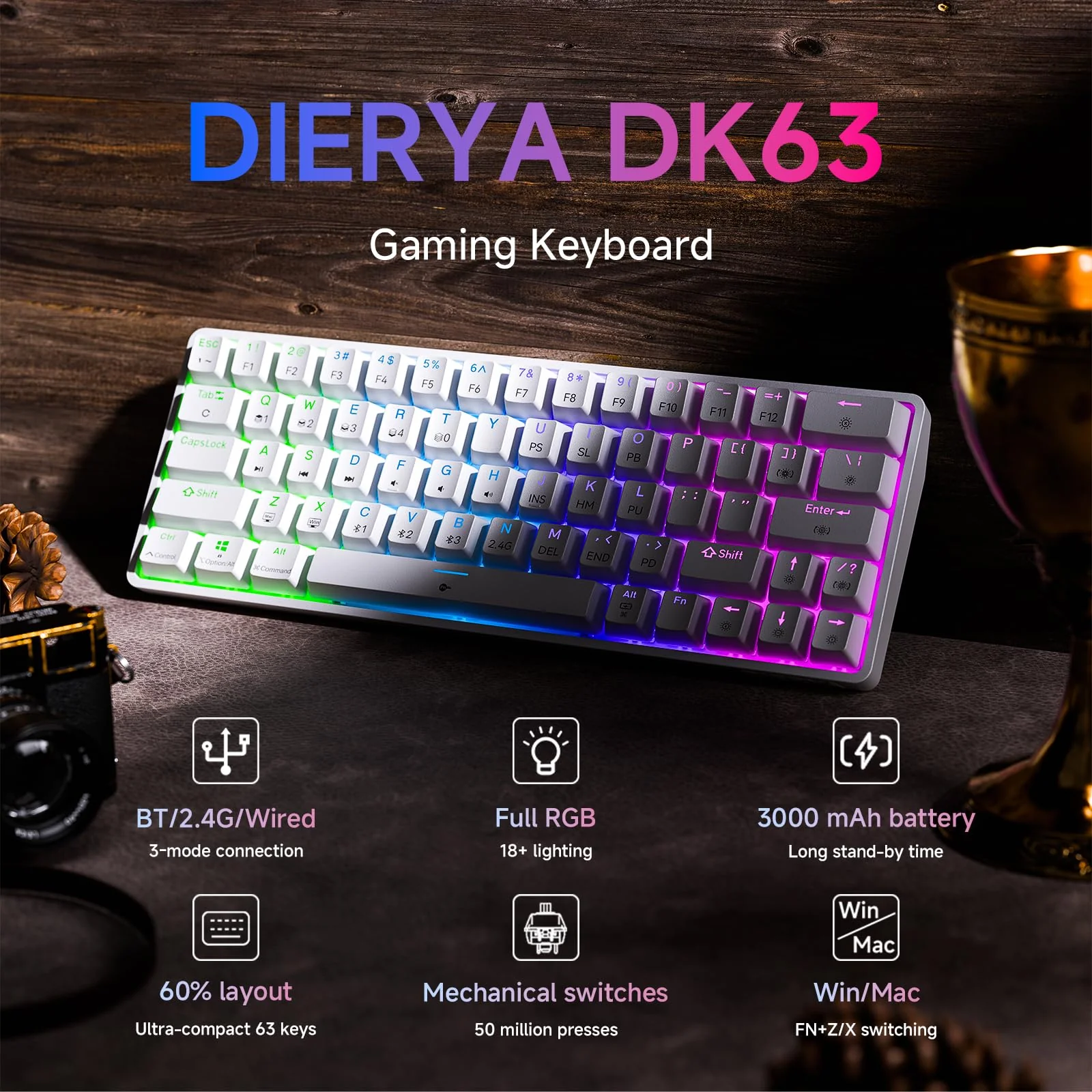 Dierya DK63 Gaming Tastatur,60% Kabellos Mechanische Tastatur mit Bluetooth/2.4G/Typ-C,Compact 63 Tasten Anti-Ghosting,RGB-Hintergrundbeleuchtung,US Layout,Clicky Blue Switch,weiße - Image 7
