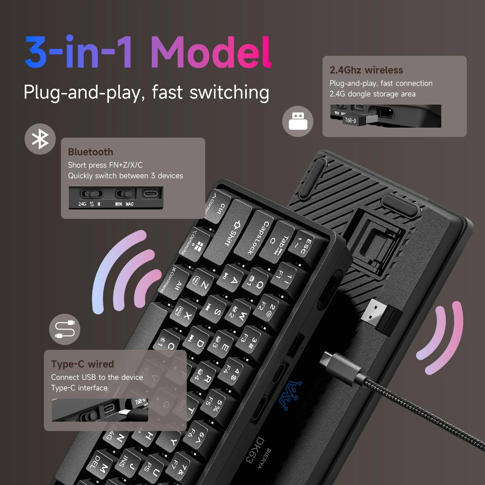 Dierya DK63 Gaming Tastatur,60% Kabellos Mechanische Tastatur mit Bluetooth/2.4G/Typ-C,Compact 63 Tasten Anti-Ghosting,RGB-Hintergrundbeleuchtung,US Layout,Linear Red Switch,Schwarz - Image 4