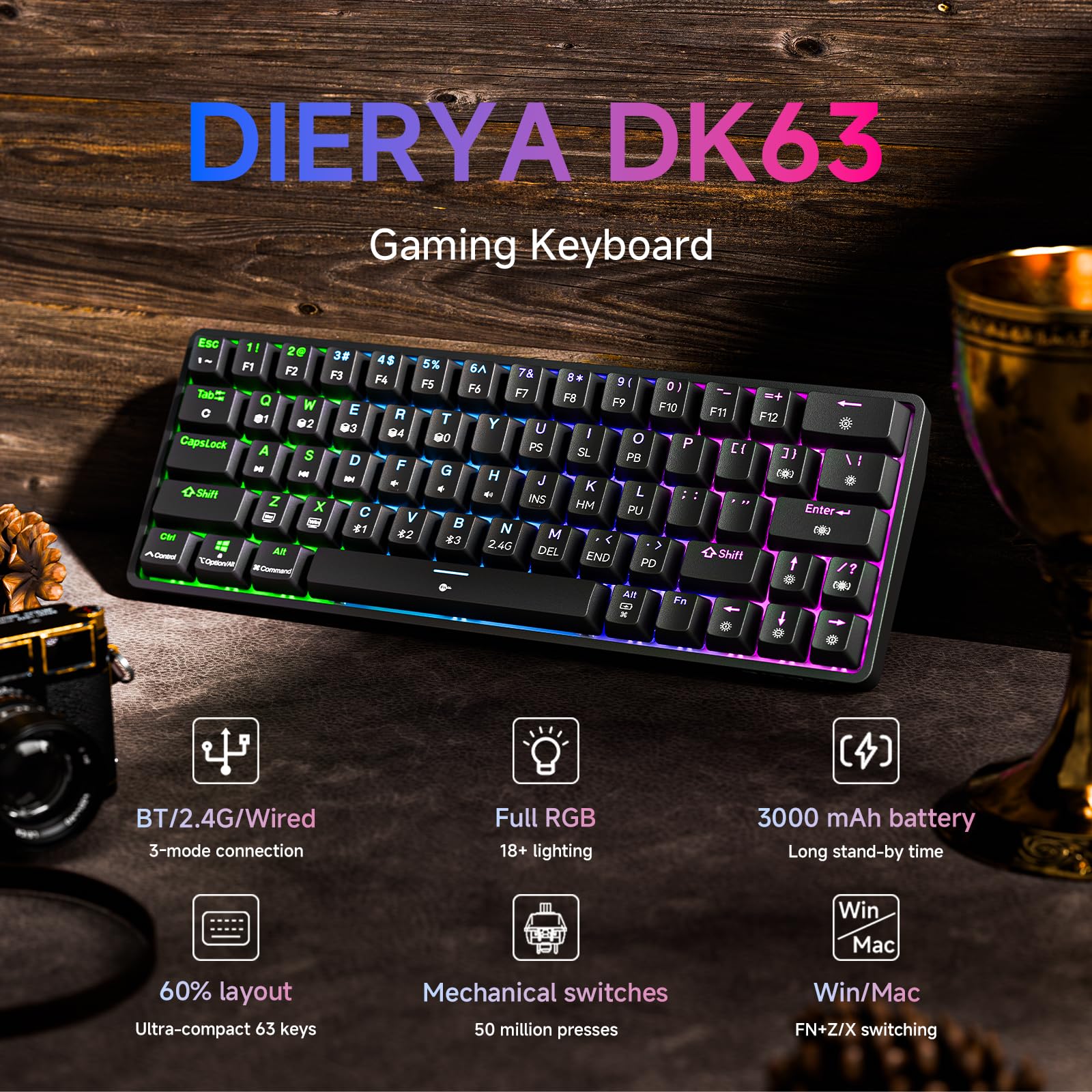 Dierya DK63 Gaming Tastatur,60% Kabellos Mechanische Tastatur mit Bluetooth/2.4G/Typ-C,Compact 63 Tasten Anti-Ghosting,RGB-Hintergrundbeleuchtung,US Layout,Linear Red Switch,Schwarz - Image 5