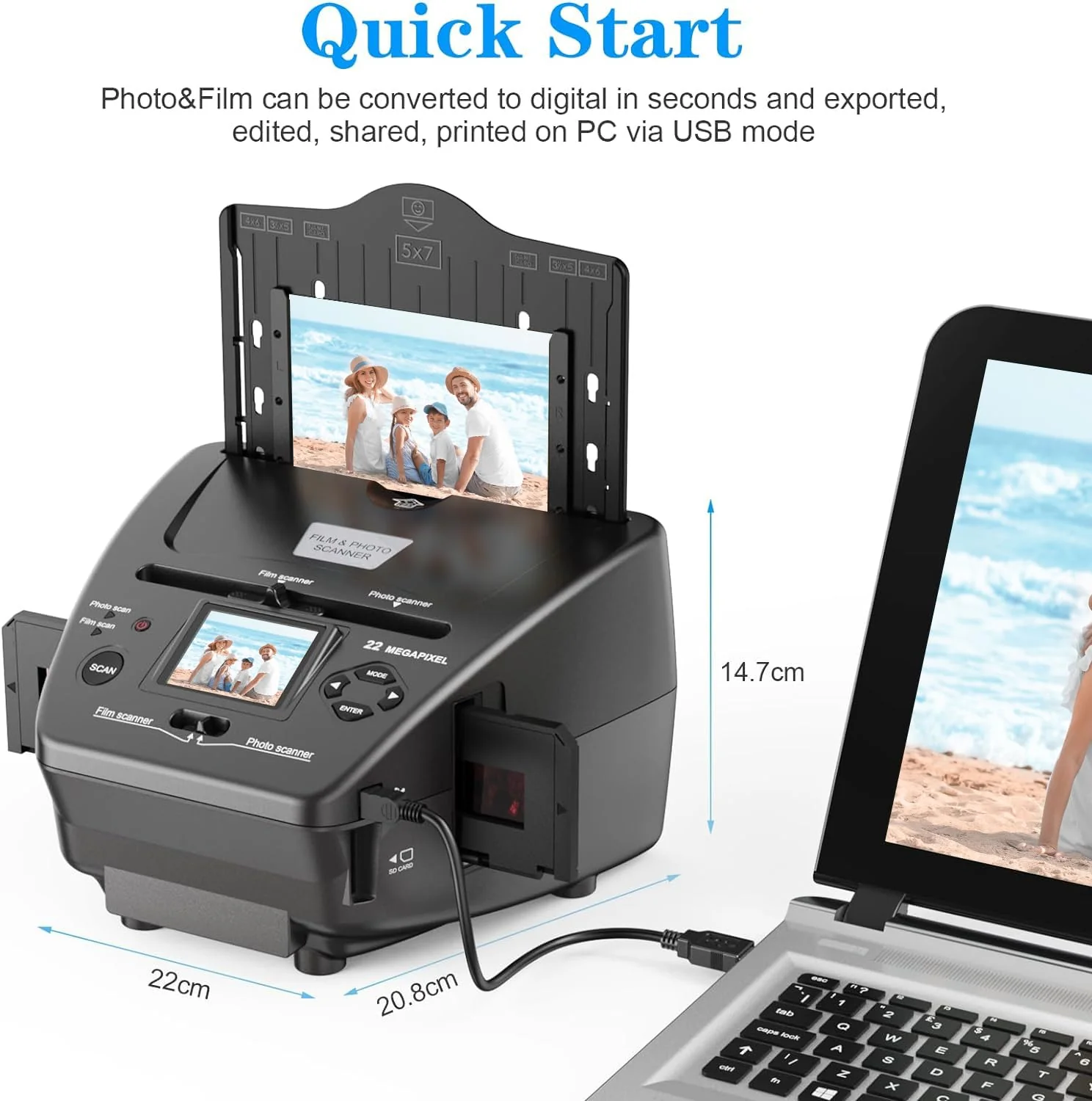 DigitPro Film- und Foto-Scanner mit 2,4-Zoll-LCD-Bildschirm, konvertiert 35 mm/135 Dias und Negativ-Film, Foto, Visitenkarte in 22 MP Digitale Bilder, Scanner-Photo-Slides-Negative-Digital - Image 5