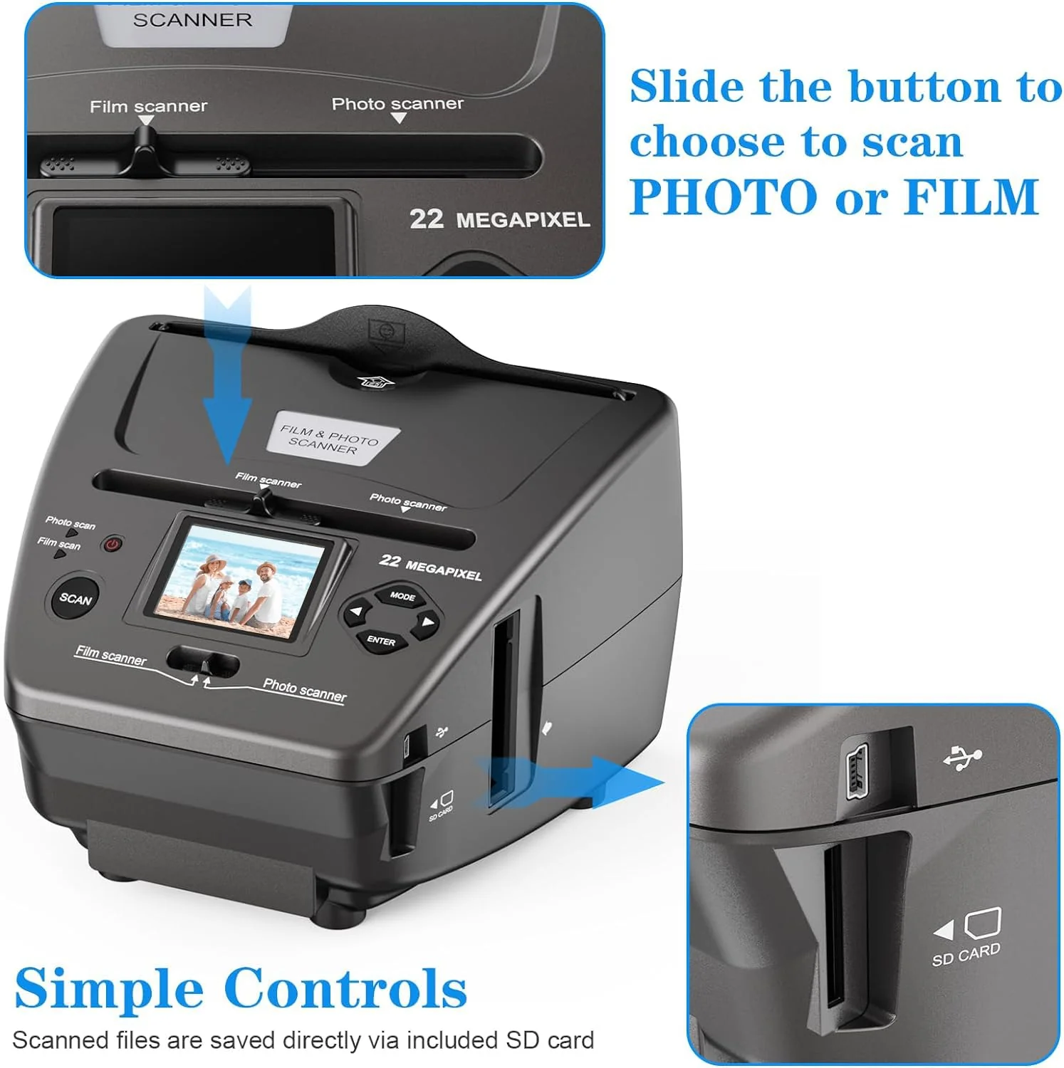 DigitPro Film- und Foto-Scanner mit 2,4-Zoll-LCD-Bildschirm, konvertiert 35 mm/135 Dias und Negativ-Film, Foto, Visitenkarte in 22 MP Digitale Bilder, Scanner-Photo-Slides-Negative-Digital - Image 8