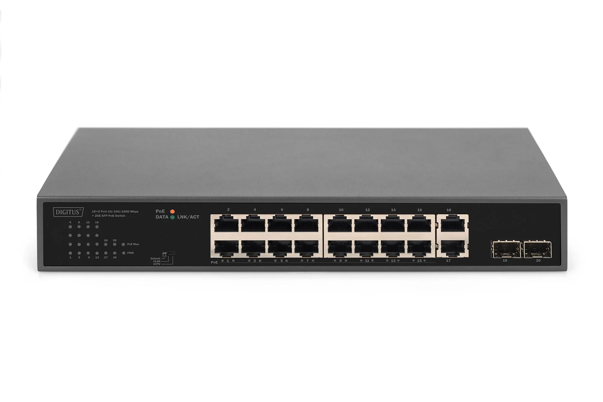 DIGITUS 20 Port Gigabit Ethernet PoE Netzwerk-Switch - 16x RJ45 PoE + 2x RJ45 + 2x Kombi - 19 Zoll - 185W PoE Budget - 10/100/1000 Mbps - Image 2