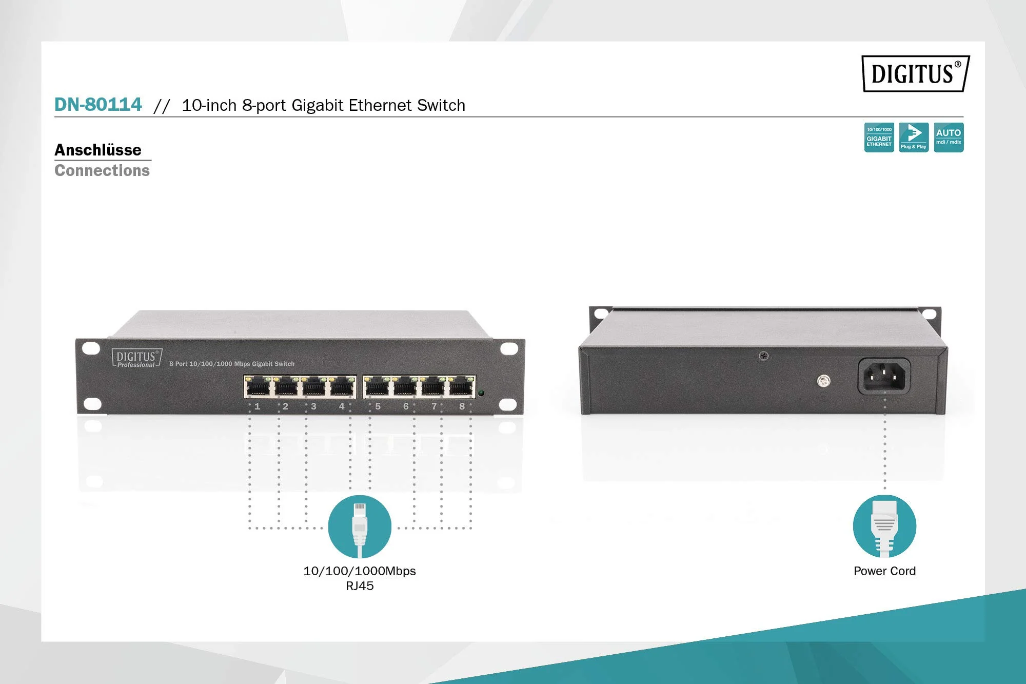 DIGITUS Gigabit Ethernet Netzwerk-Switch - 10 Zoll - 8 Ports - Unmanaged - Backplane 16 Gbps - Auto MDI/MDI-X - Schwarz - Image 3