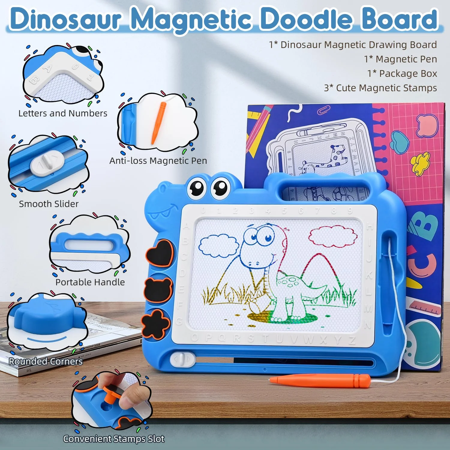 Dinosaurier Maltafel Zaubertafel Kinderspiele ab 2 3 4 5 Jahre Geschenk Mädchen Jungen, Bunt Magnetische Zeichenbrett Lernspielzeug ab 2-7 Jahre, Magnettafel Reisegröße Kinder Spielzeug (Blau) - Image 5