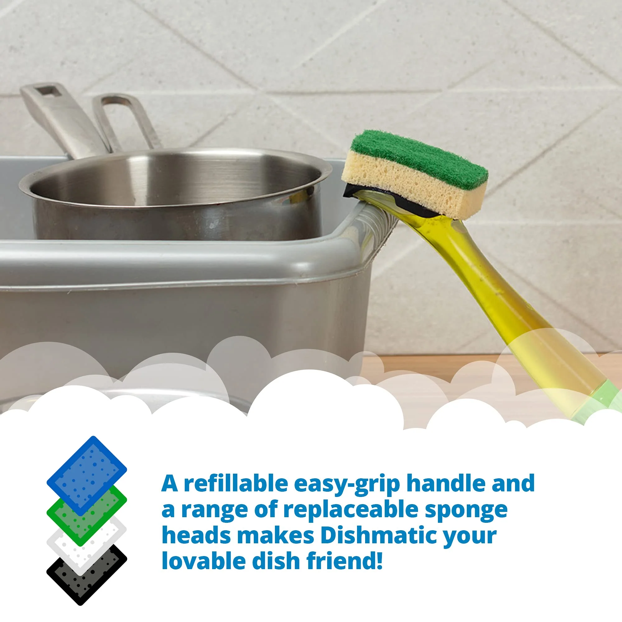 Dishmatic Vorteilspack-Set – 1 x nachfüllbarer Spülmittel-Spendergriff mit 6 austauschbaren Allzweck-Schwammköpfen – antibakterieller Küchenspülgriff mit Easy-Grip-Griff - Image 4
