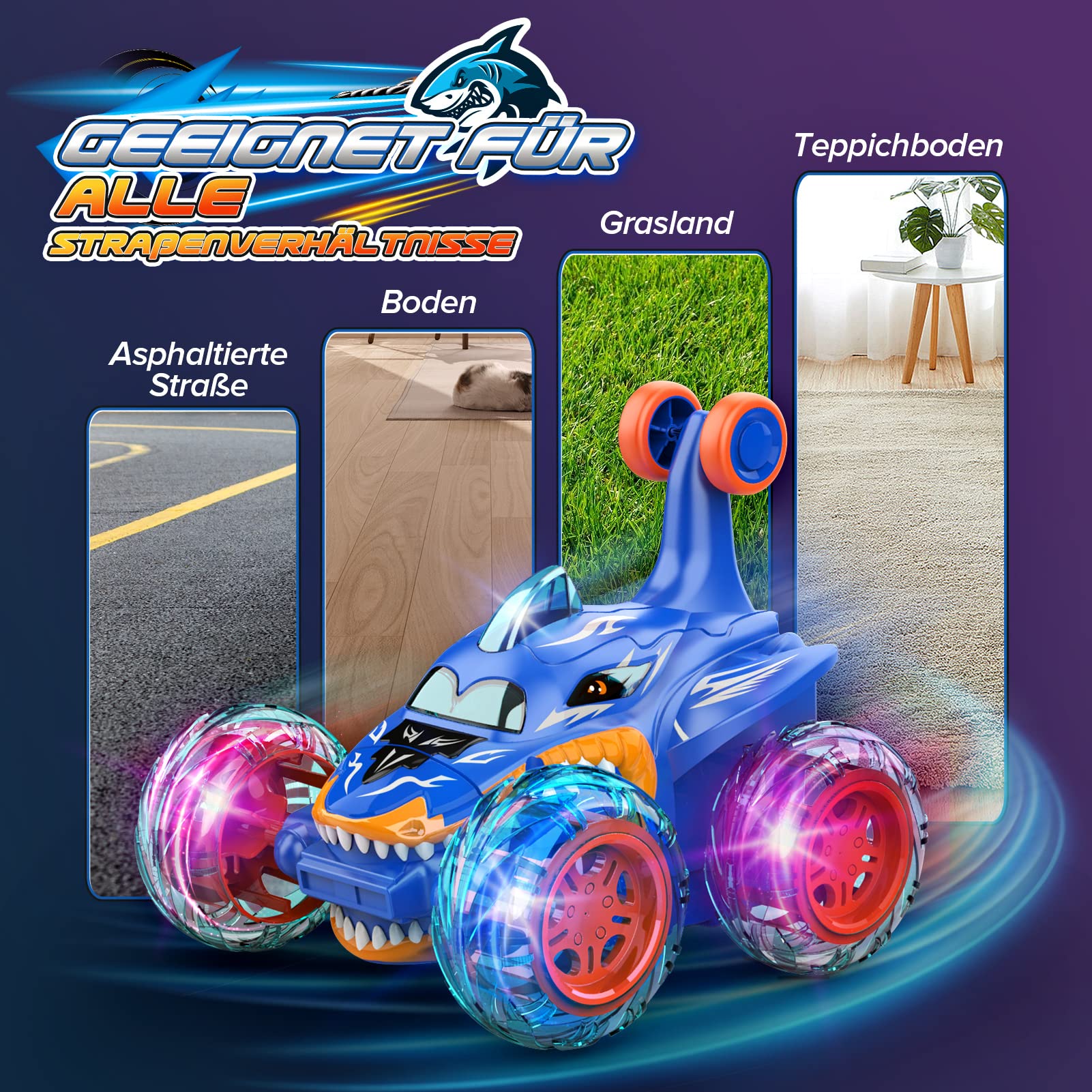 Dislocati Ferngesteuertes Auto, Spielzeug ab 3 4 5 6 7 8 9 10 Jahre Junge Mädchen Hai Monstertruck RC Auto - Geschenke für Kinder - Image 5