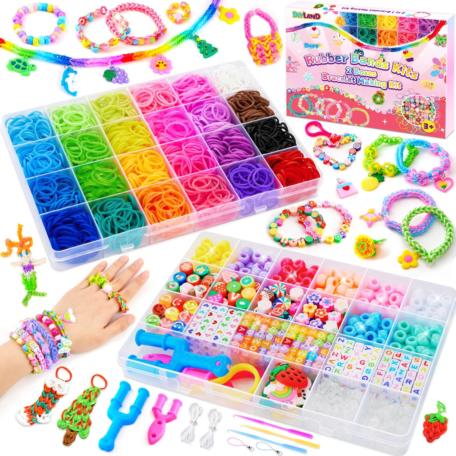 DIYLAND Loom Bänder Set, 2 Boxen Basteln Mädchen 6 7 8 9 10 jahre, Bunte Gummibänder Kit Armbänder Selber Machen,19 Typen Perlen Haken Charms mit Geschenkbox für Anfänger Junge Mädchen Geschenk
