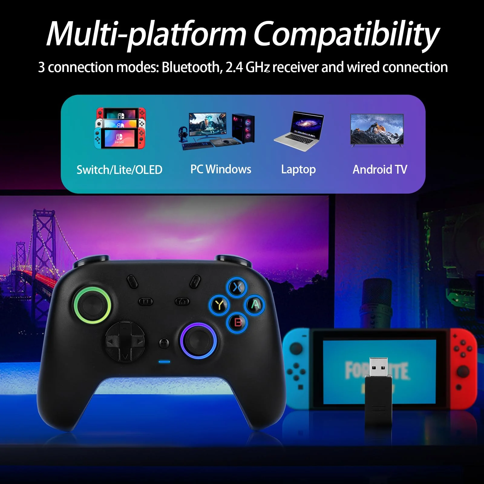 DoJoZone PC Controller Wireless mit Ladestation, Switch Pro Controller mit Hall Effekt Joystick (Kein Drift) Hall Trigger, 7 RGB Licht, 2.4G Gaming Controller für PC Windows/Switch/OLED/Lite/Steam - Image 3