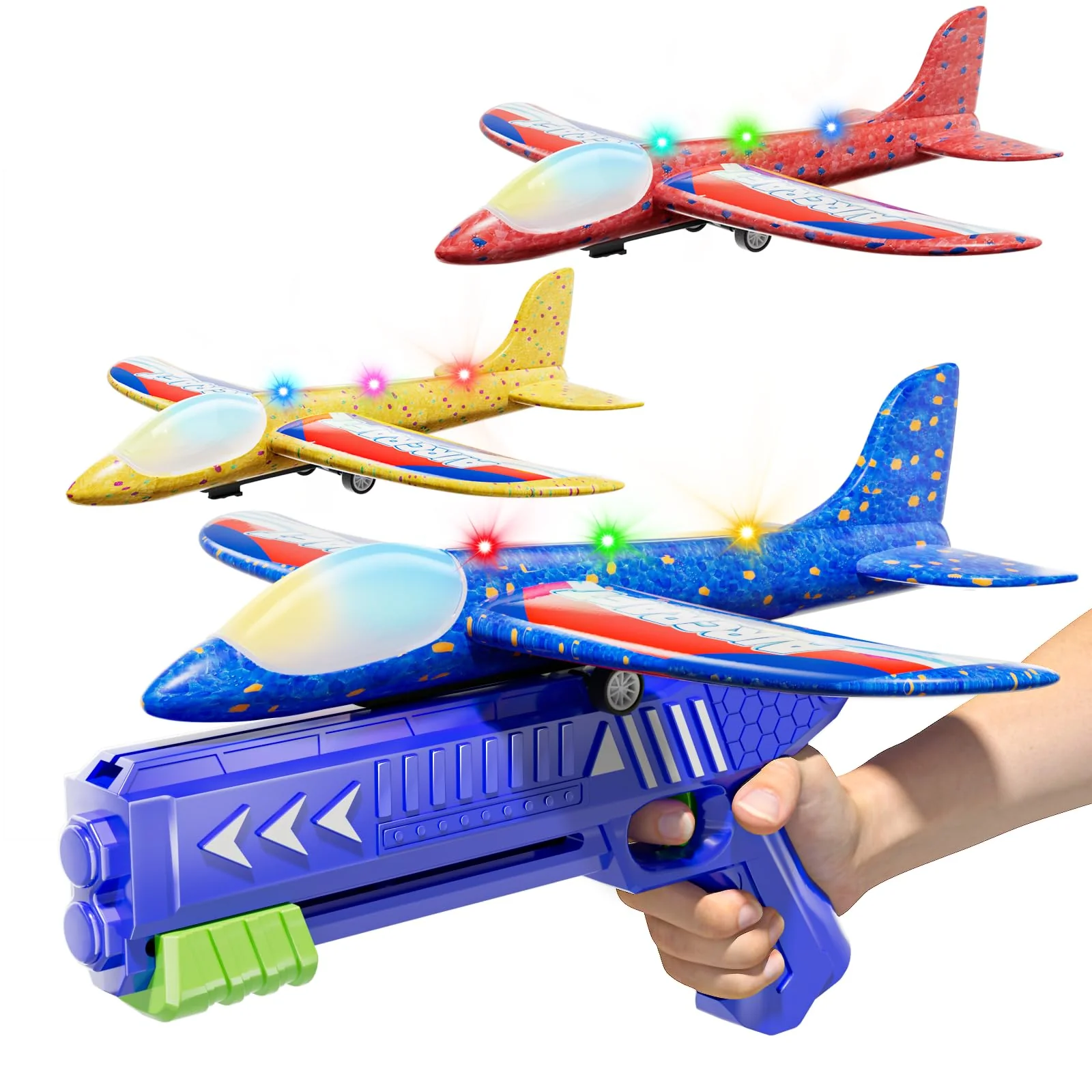 Doloowee 3 Pack Flugzeug Launcher Spielzeug Flugzeugbausätze, 12,6 Zoll LED Schaum Gleiter Katapult, 2 Flug Modi, fliegen, 3 4 5 6 7 8-12 Jahre alt Jungen Mädchen Geburtstag Geschenke(Blau)