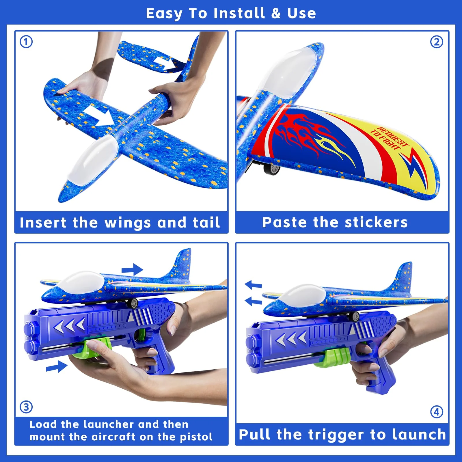 Doloowee 3 Pack Flugzeug Launcher Spielzeug Flugzeugbausätze, 12,6 Zoll LED Schaum Gleiter Katapult, 2 Flug Modi, fliegen, 3 4 5 6 7 8-12 Jahre alt Jungen Mädchen Geburtstag Geschenke(Blau) - Image 3
