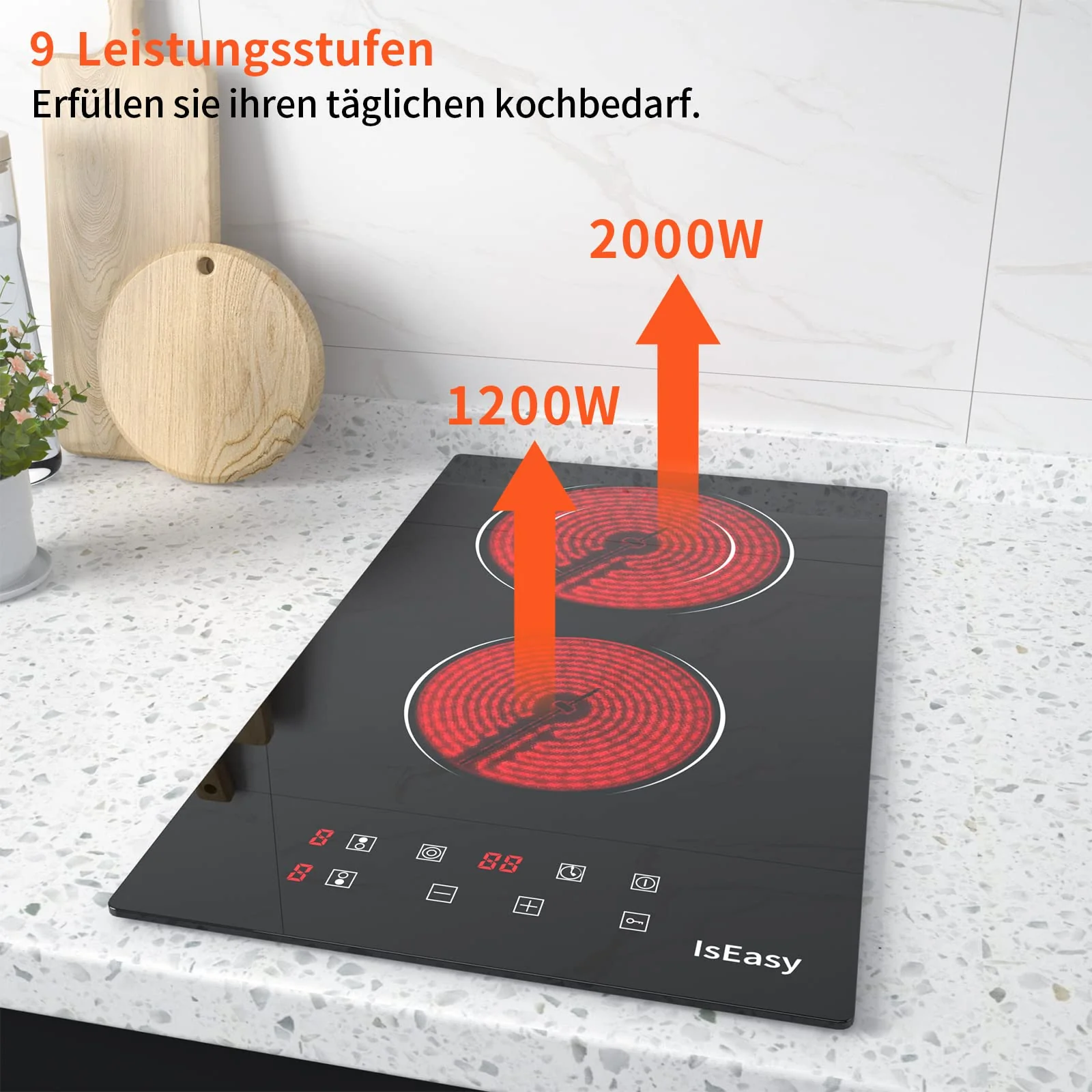 Domino Glaskeramikkochfeld, IsEasy Doppel Glaskeramik Kochfeld mit 9 Leistungsstufen Einstellung, Kindersicherung, Schwarz Polierter Kristallglasoberfläche, 1-99Min Timer, für Alle Töpfe - Image 6